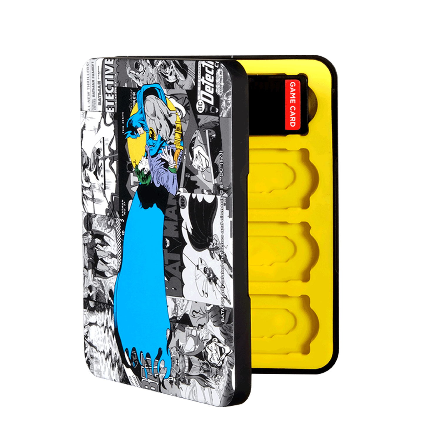 Custodia per carte di gioco stile fumetto Batman con inserto giallo.