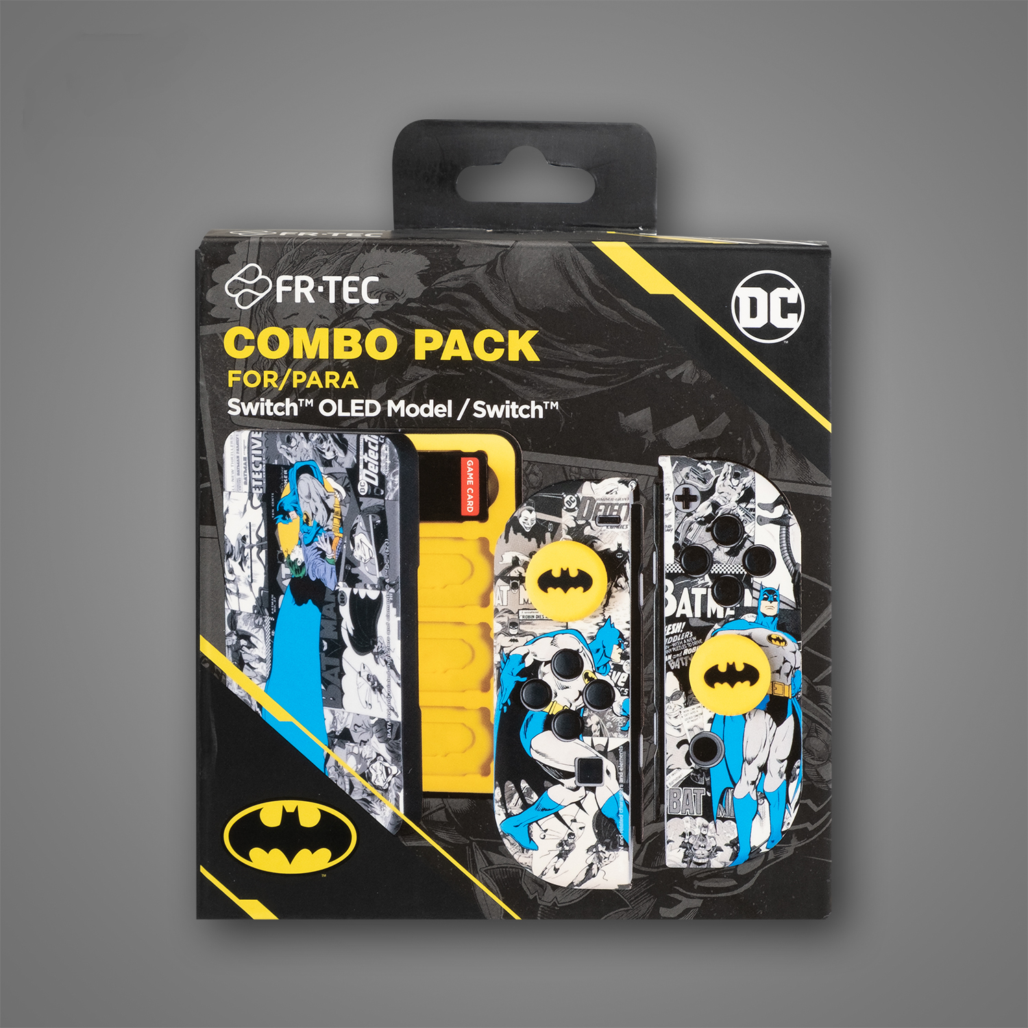 Confezione combinata FR-TEC Batman Nintendo Switch con coperture Joy-Con e porta schede.