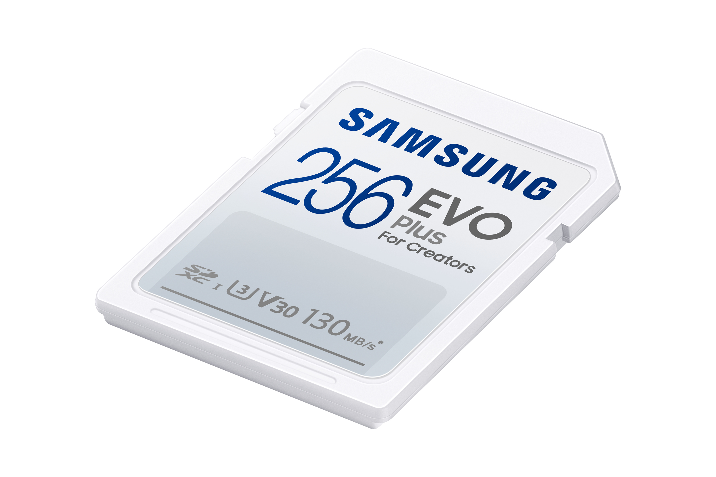 Een witte Samsung 256GB EVO Plus SD-kaart met blauwe belettering.