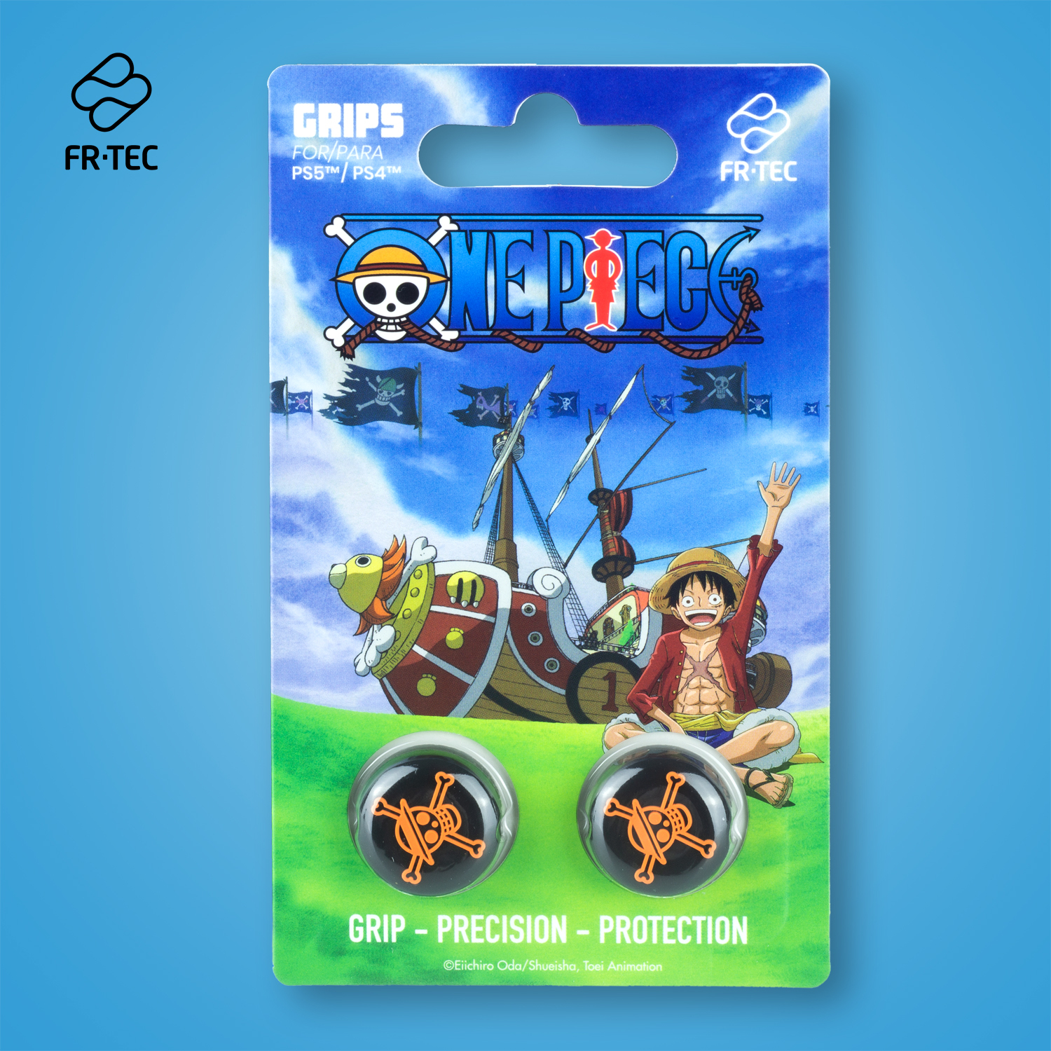 Grip One Piece PS5/PS4 con motivo Jolly Roger sulla confezione.