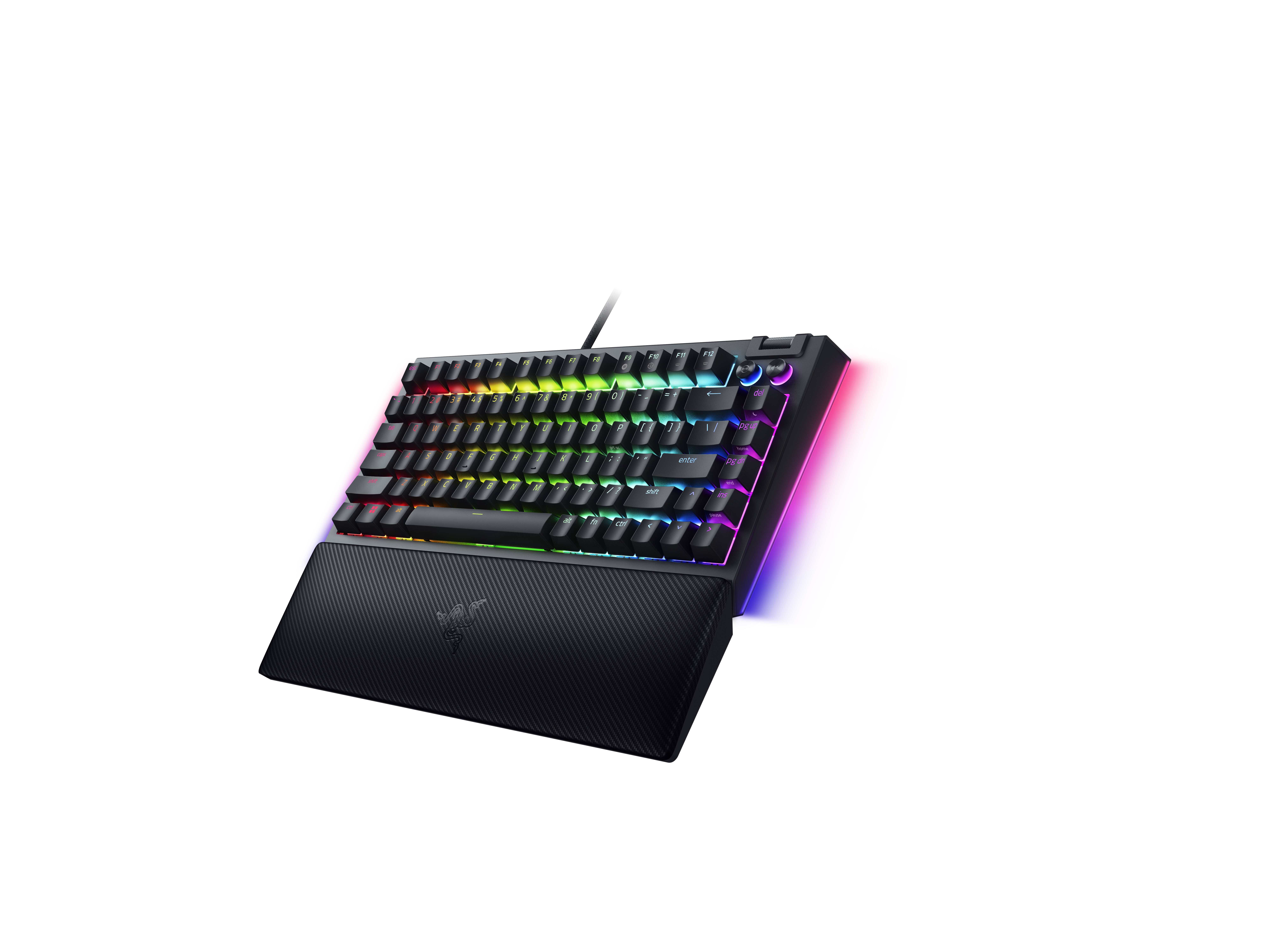 Zwart toetsenbord met RGB-verlichting en polssteun.