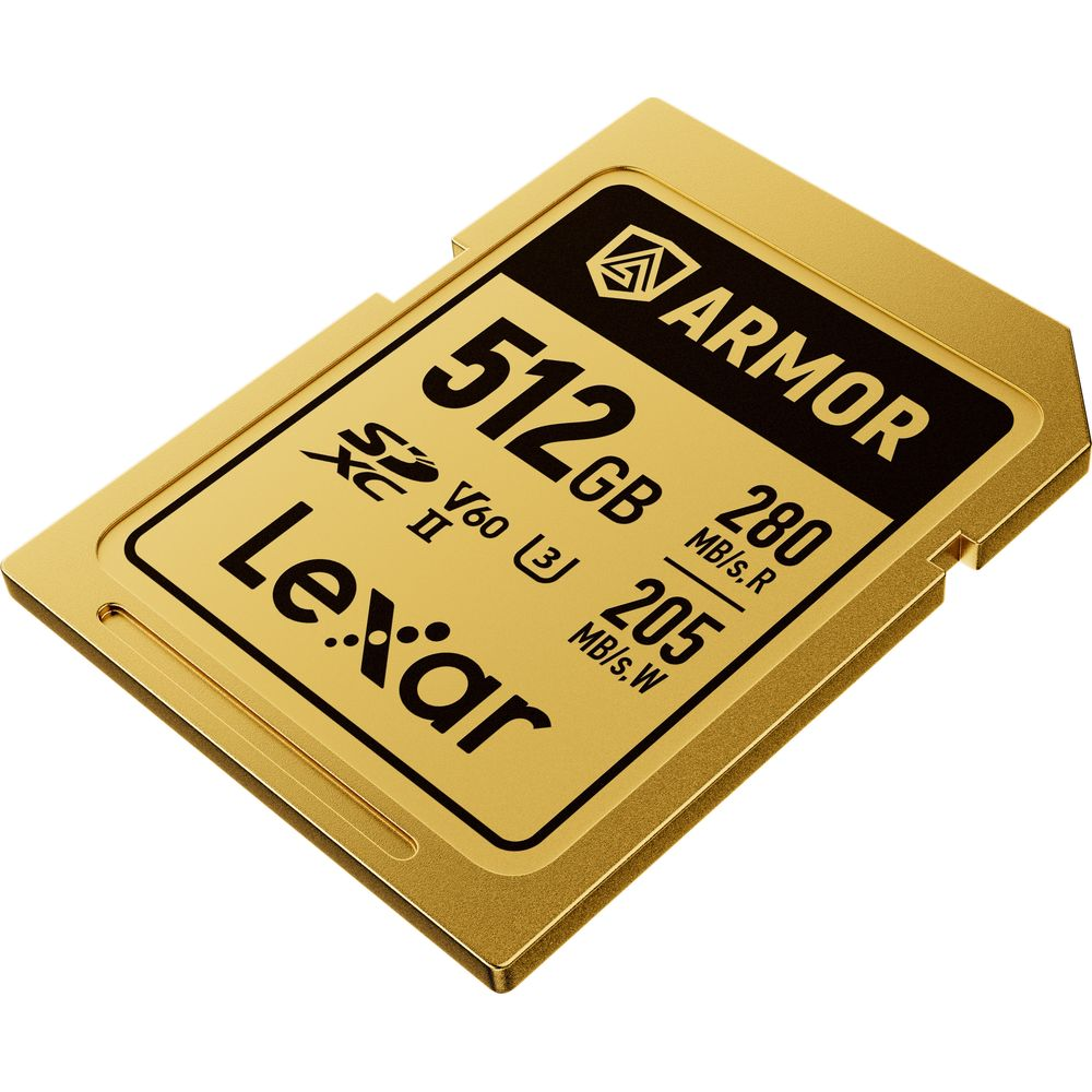 Gouden Lexar 512GB SD-kaart met Armor-logo, V60, U3, lees-/schrijfsnelheden.