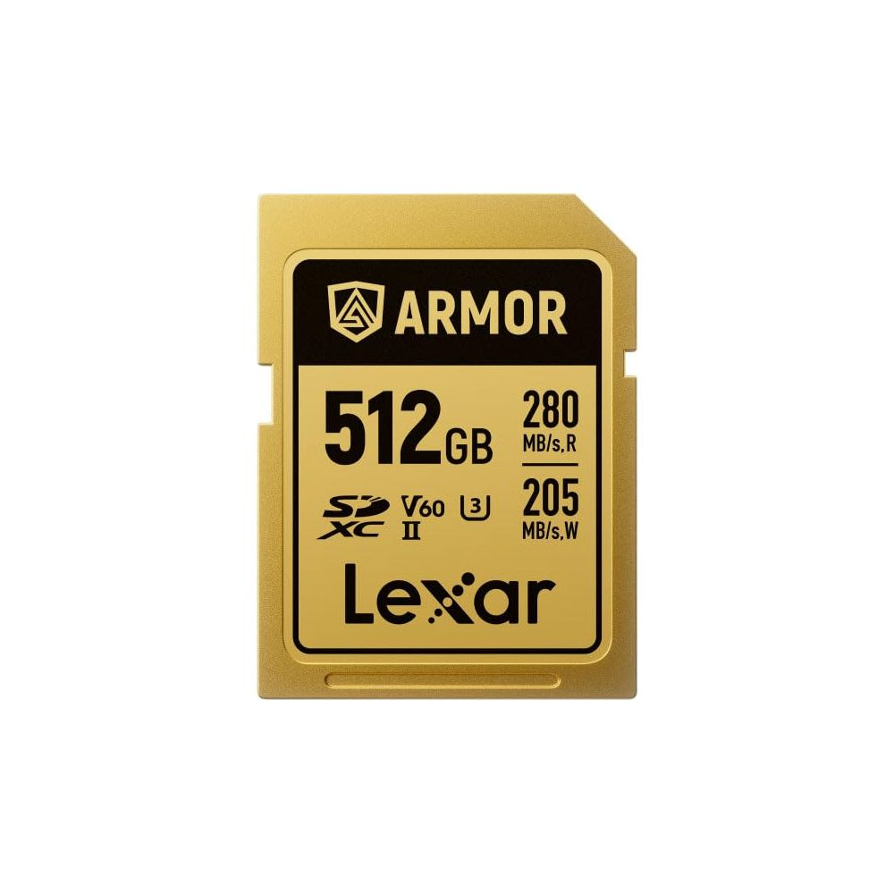 Een gouden SD-kaart van 512 GB met 'Armor'-branding en snelheidsclassificaties.