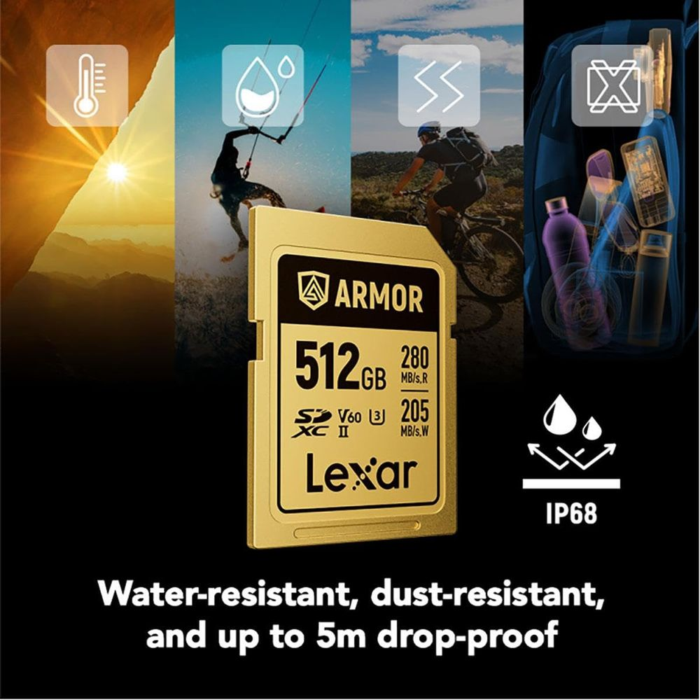 Gouden 512GB Lexar SD-kaart met 'Armor'-logo, omringd door iconen voor temp, water, wind en rugzak.