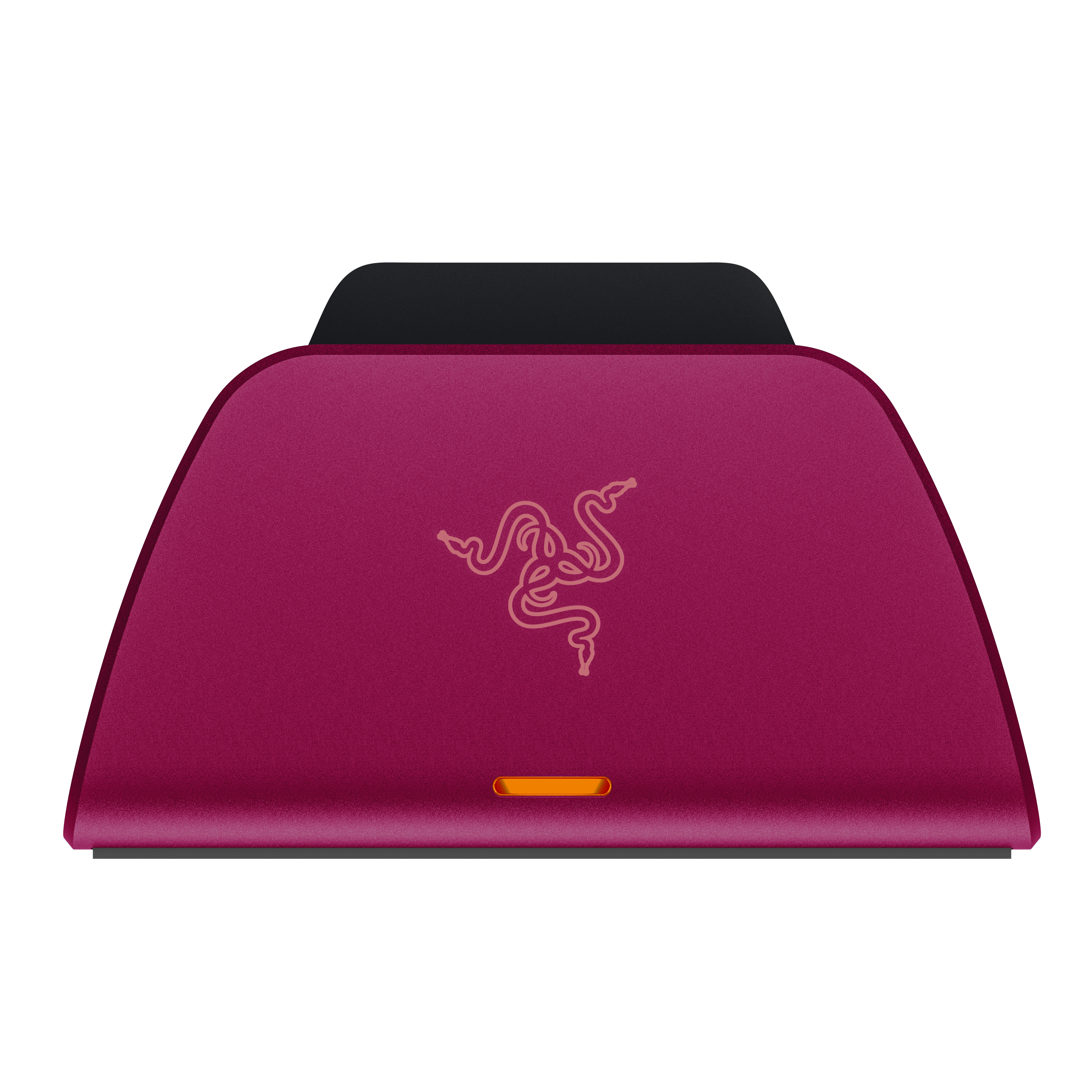 Ein lila Razer-Gerät mit leuchtend orangem Lichtbalken und Logo.