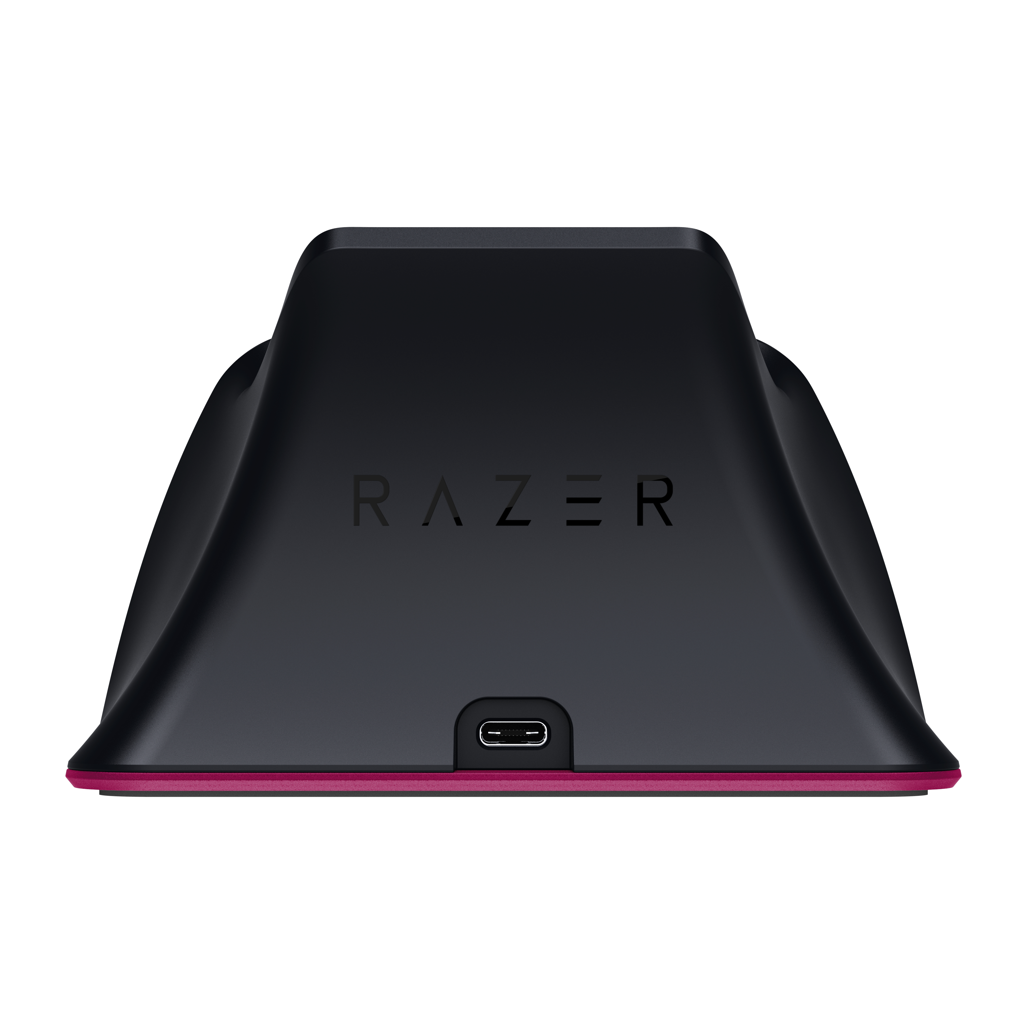 Schwarzer Razer-Ständer mit USB-C-Anschluss und pinkem Rand.