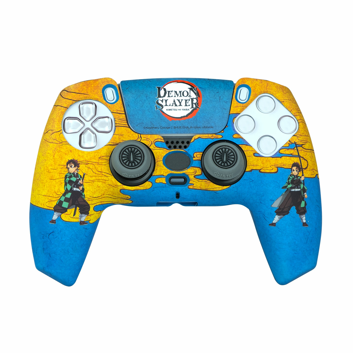 Un controller Demon Slayer con personaggi e logo su sfondo blu e giallo.