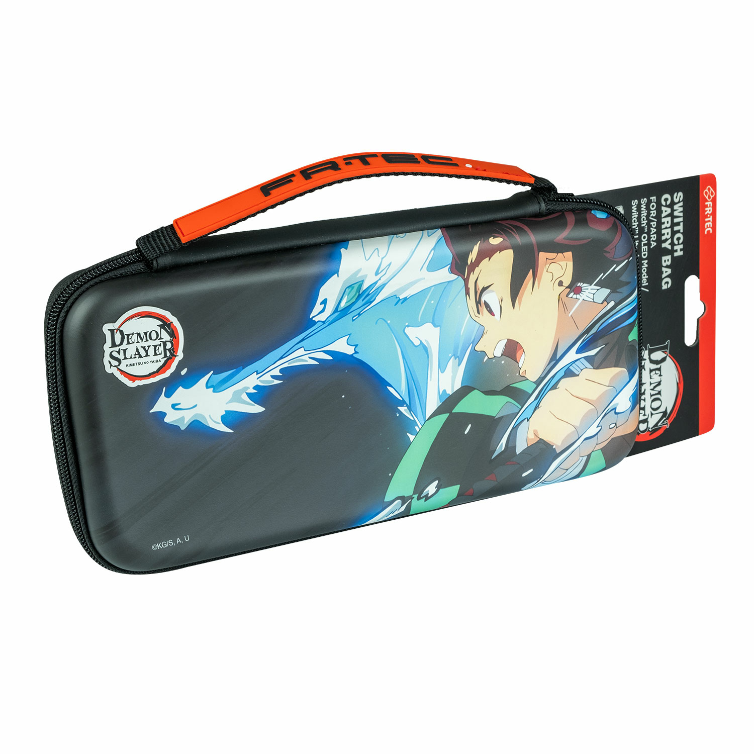 Una bolsa negra para Nintendo Switch con diseño de Demon Slayer y asa naranja.