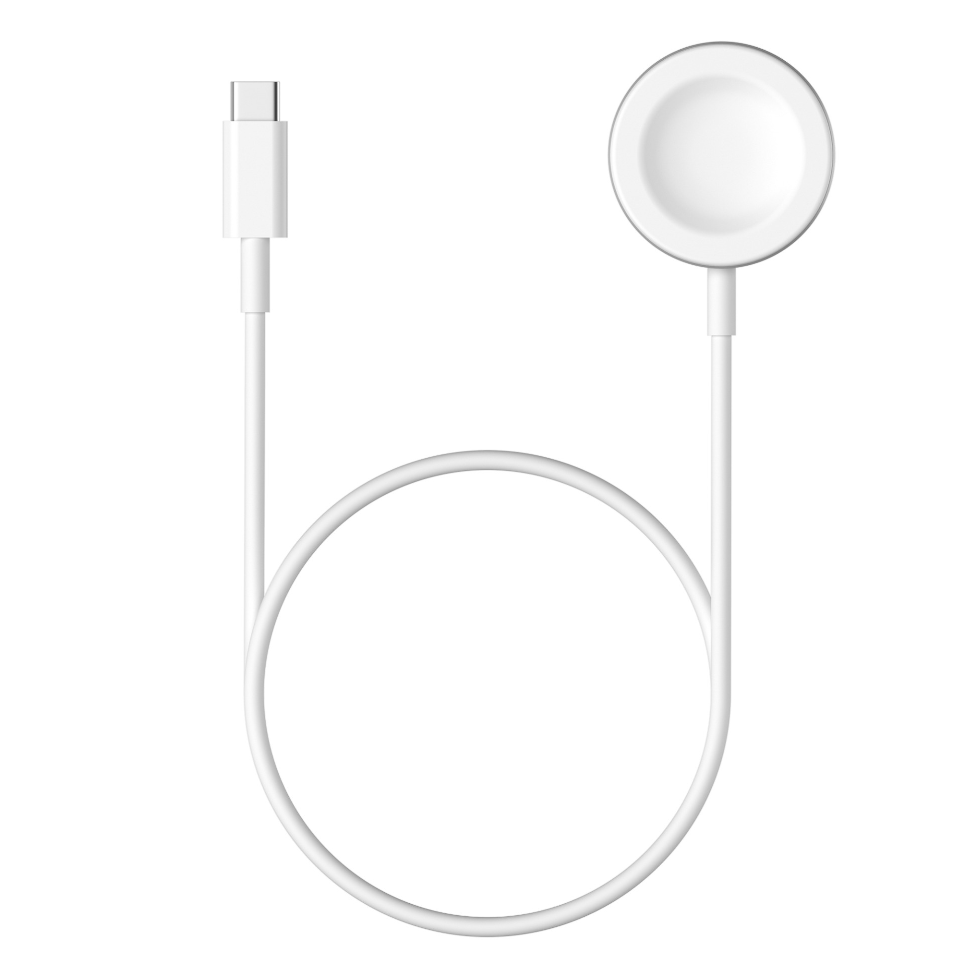 Biały kabel USB-C z okrągłą ładowarką magnetyczną na białym tle.