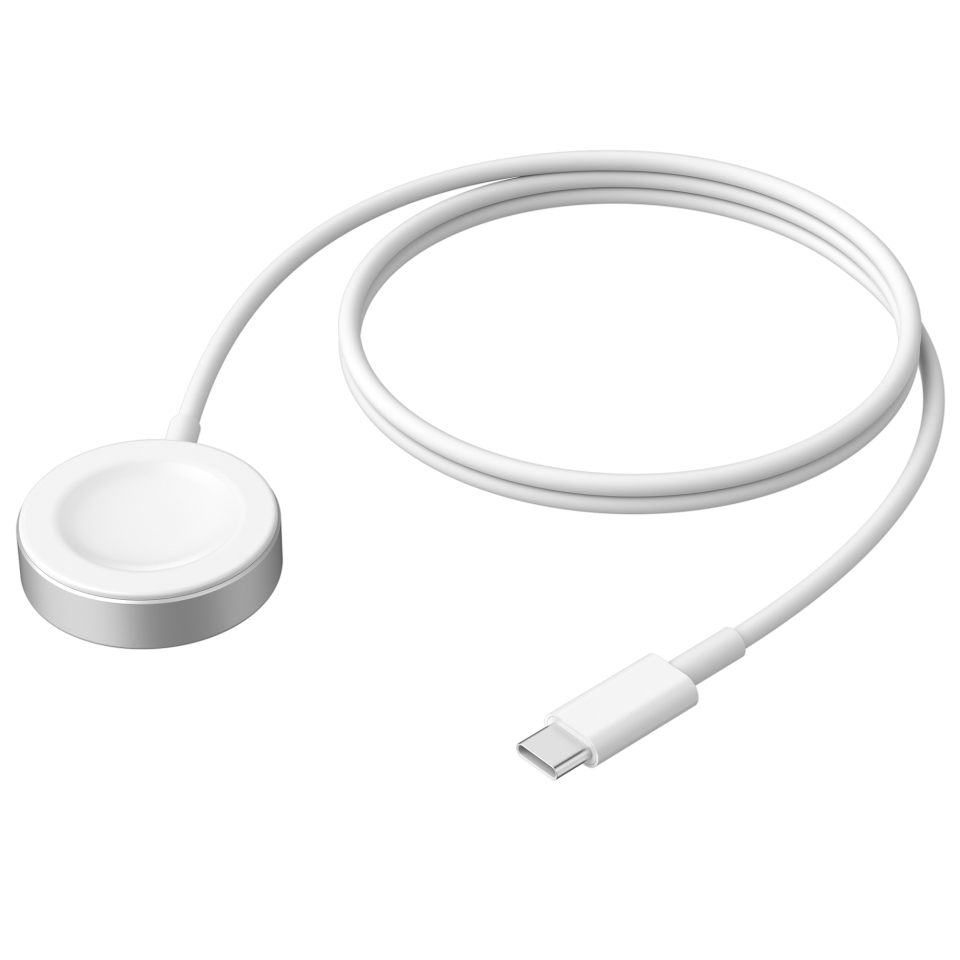 Biały kabel ładujący ze złączem USB-C i okrągłą ładowarką.