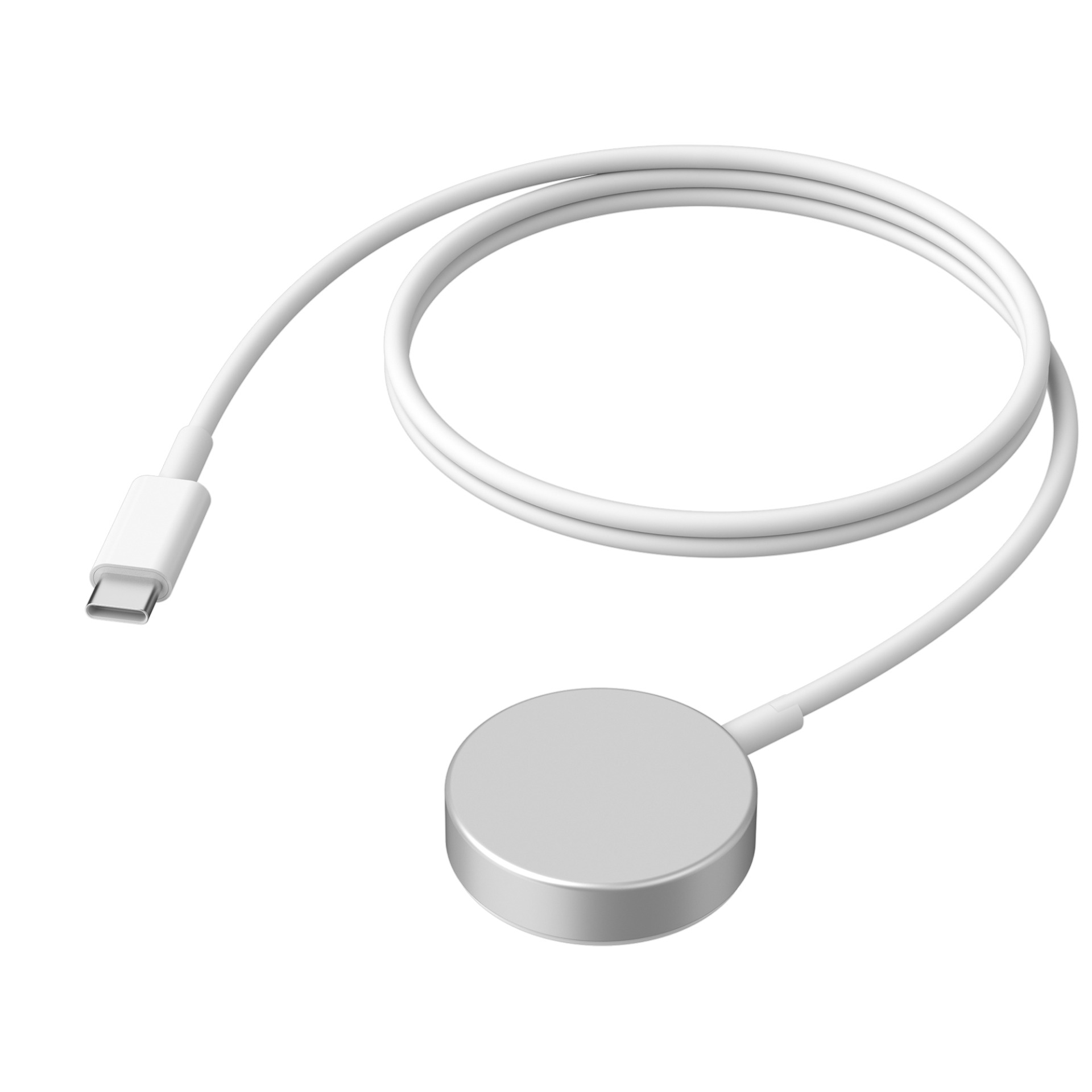 Biały kabel ładujący ze złączem USB-C i okrągłą srebrną podkładką ładującą.