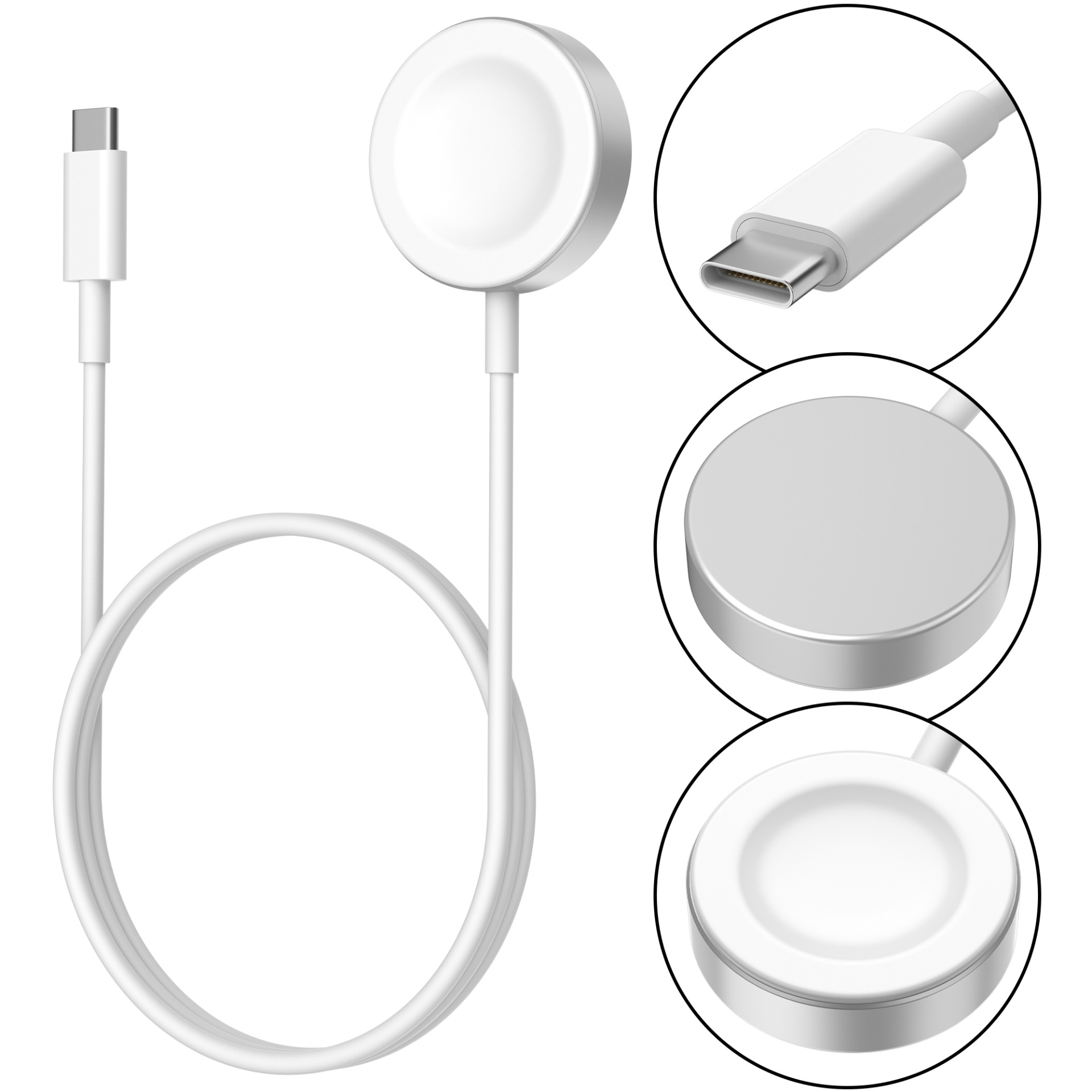 Biały kabel ładujący USB-C z okrągłą ładowarką do smartwatchów.