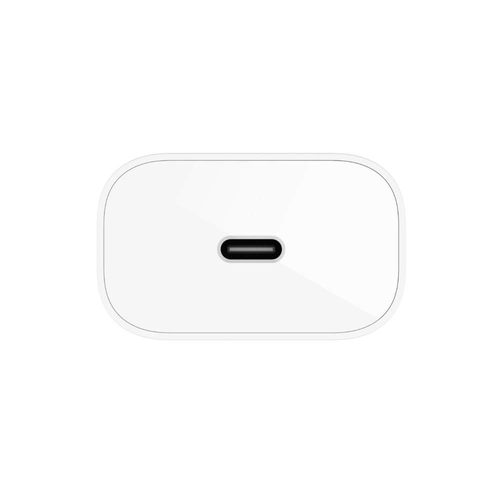 Un adattatore di ricarica USB-C bianco con uno slot nero al centro.