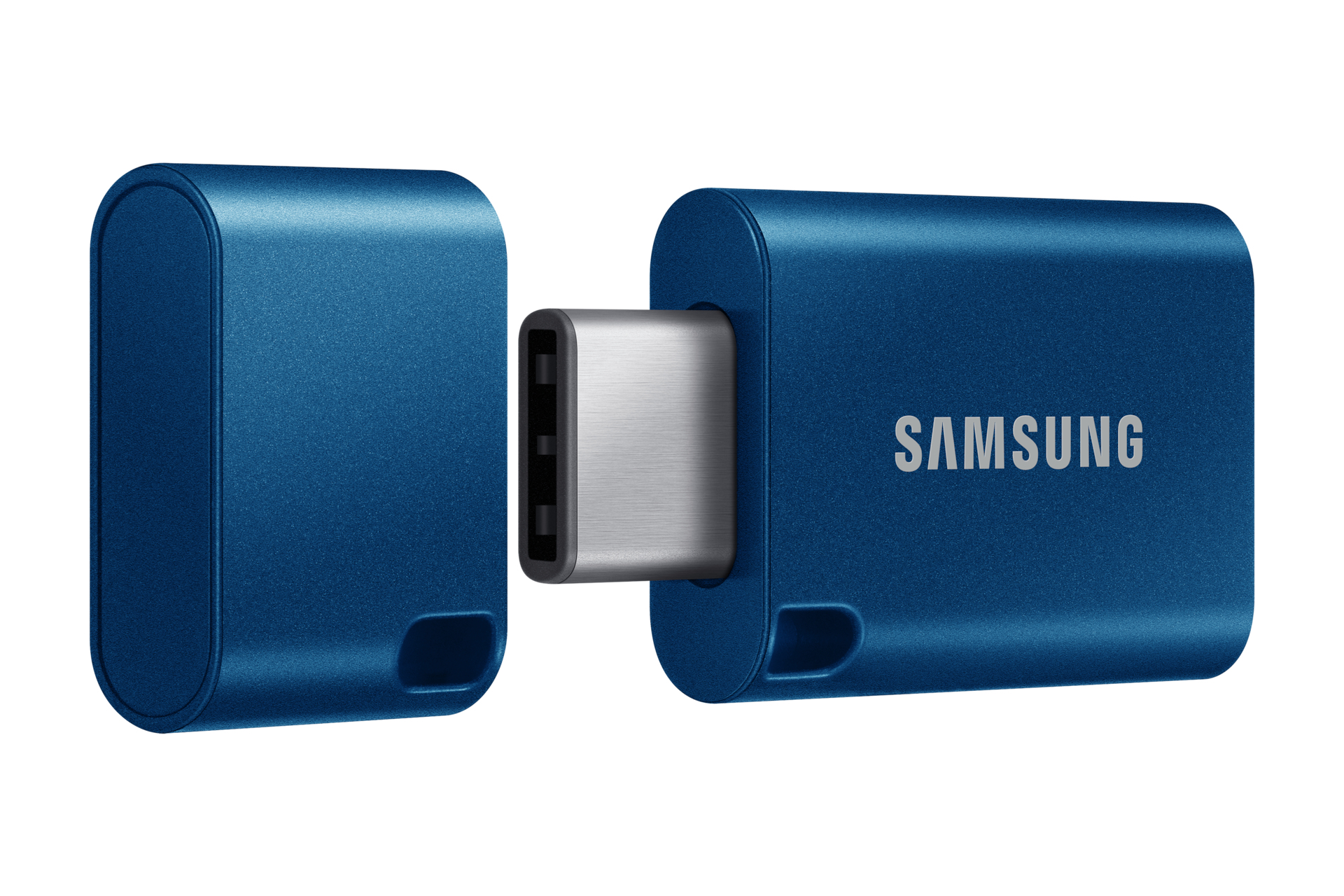 Dwa niebieskie pendrive'y Samsung USB-C, jeden ze srebrnym złączem.