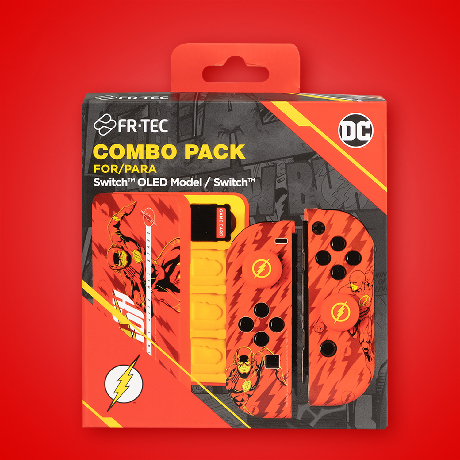 Confezione Combo FR-TEC per Switch, design Flash. Include Joy-Cons e porta schede.