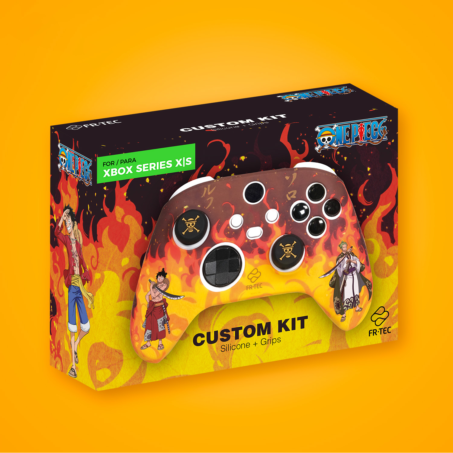 Pudełko kontrolera Xbox Series X|S z motywem One Piece, płomieniami i postaciami.