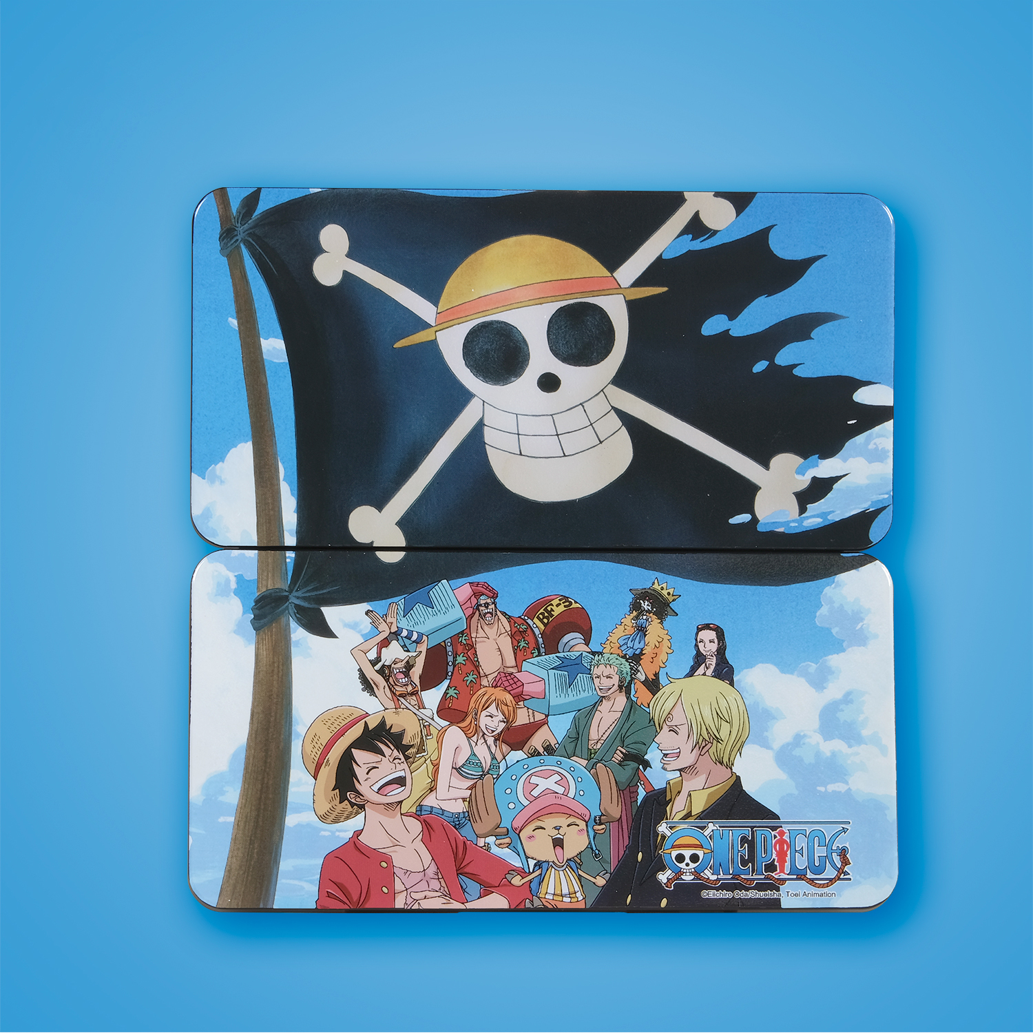 Personajes de anime de One Piece sobre fondo con bandera y nubes.