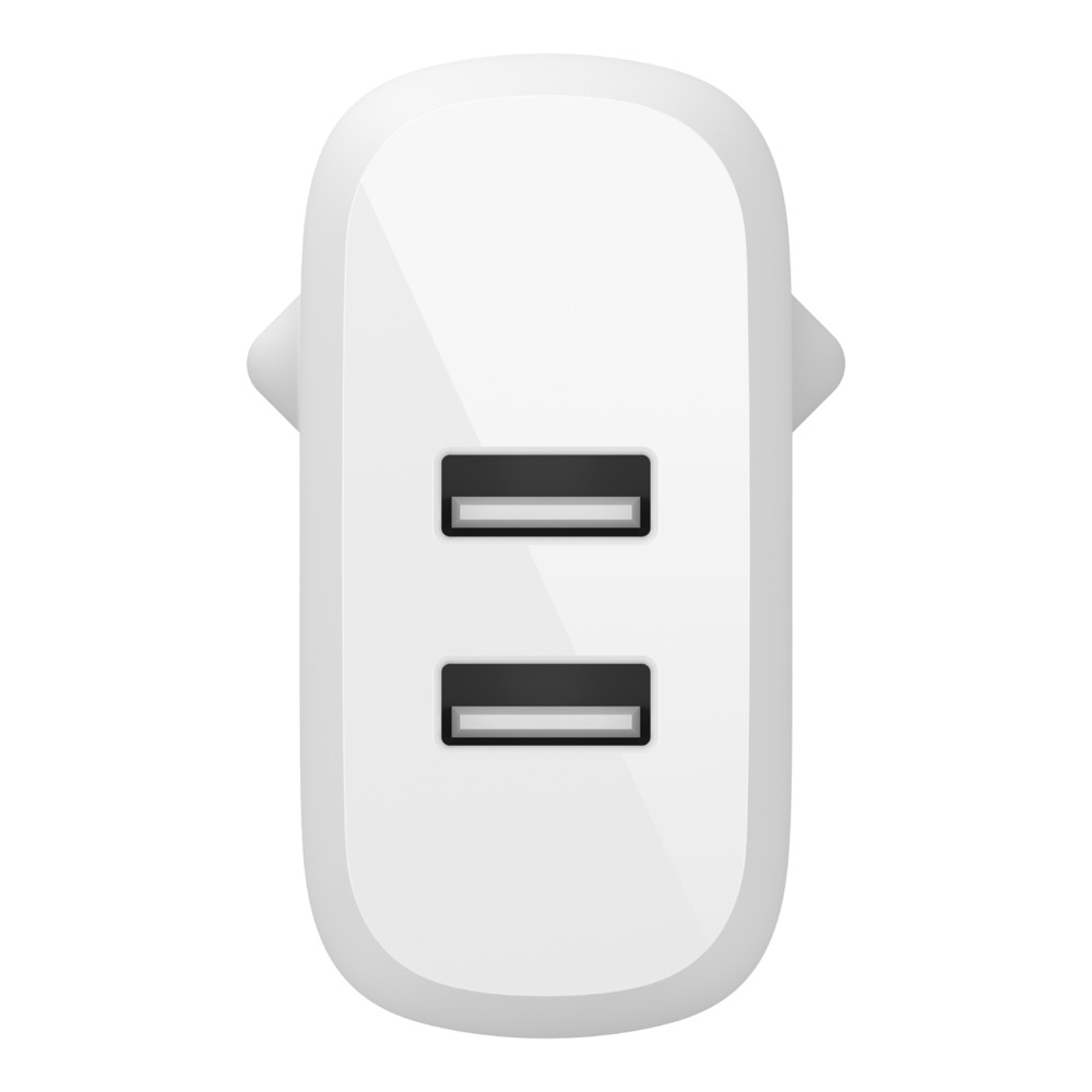 Un adattatore caricabatterie USB doppio bianco con porte nere.