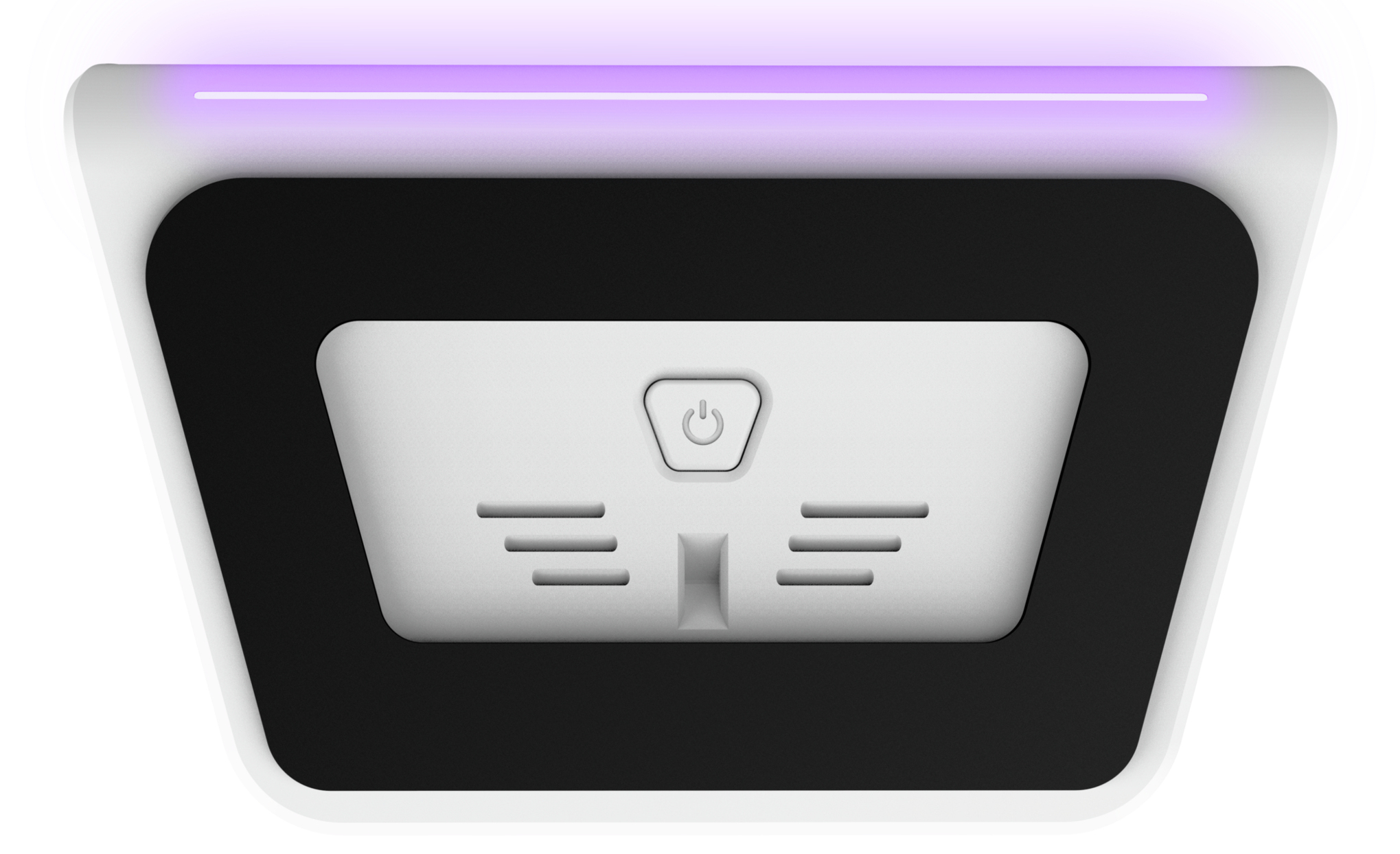 Białe urządzenie z czarnym akcentem i symbolem zasilania. Fioletowe światło u góry.