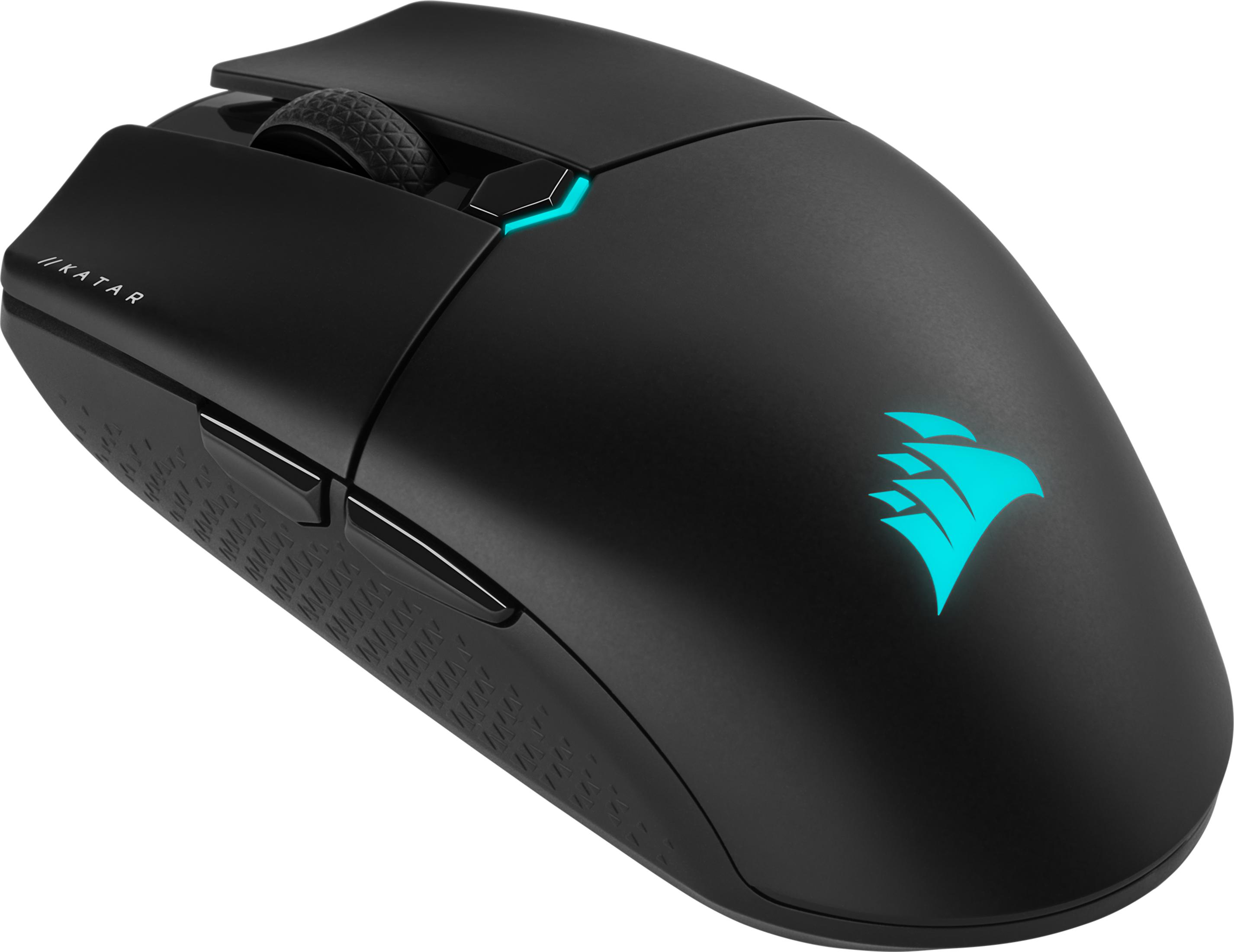 Zwarte gamingmuis met blauw logo en verlicht scrollwiel.