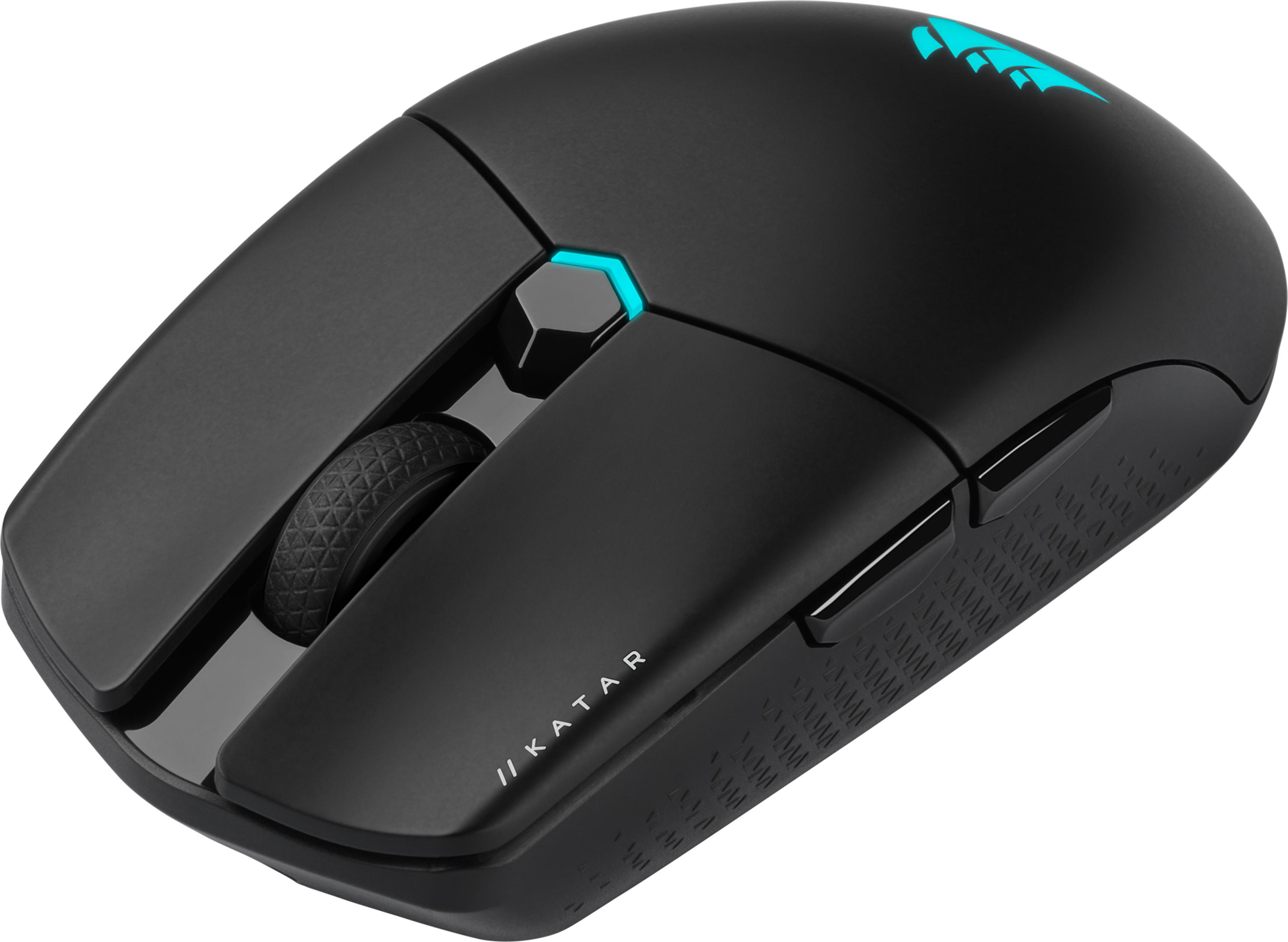 Zwarte draadloze gamingmuis met blauw verlicht logo en scrollwiel.