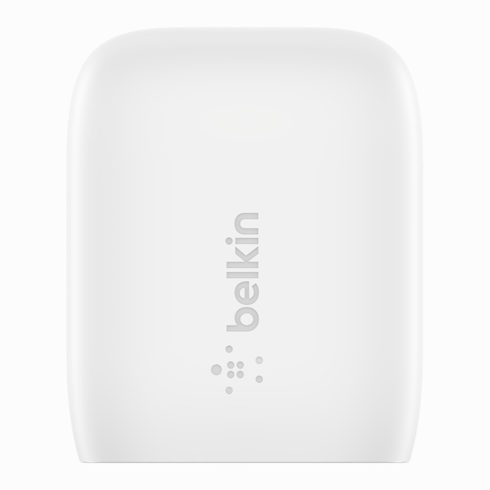 Un dispositivo rettangolare bianco con angoli arrotondati. Il logo 'belkin' è al centro.