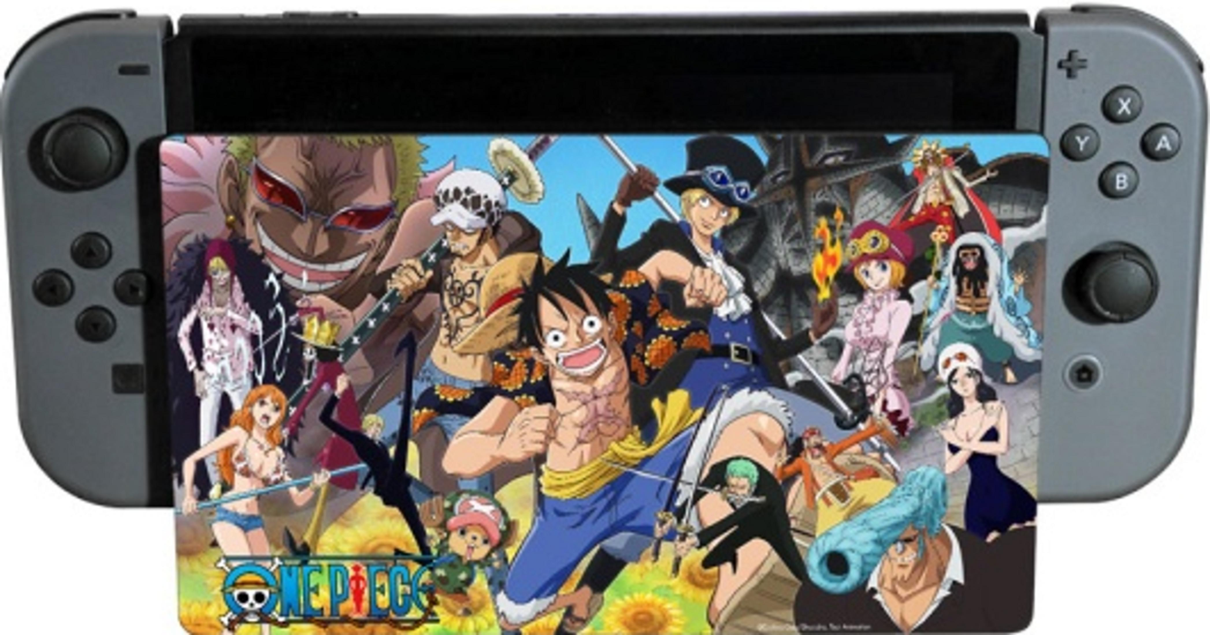 Nintendo Switch con personaggi anime di One Piece su un adesivo.