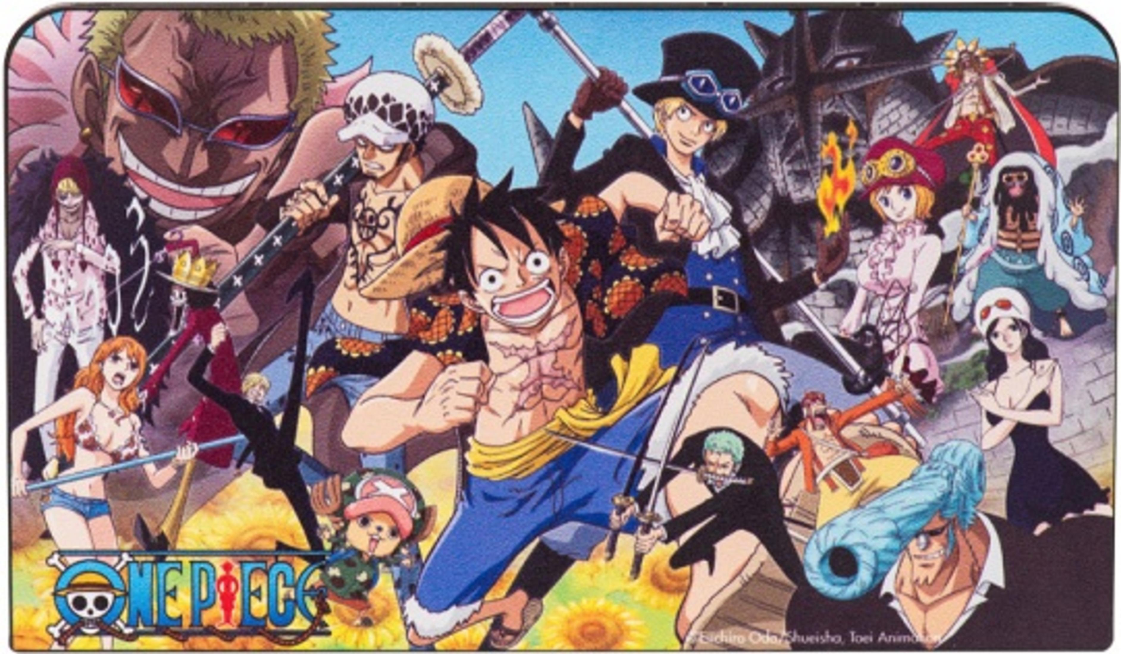 Personaggi anime, tra cui Luffy e Sabo, posano davanti a uno sfondo di girasoli.