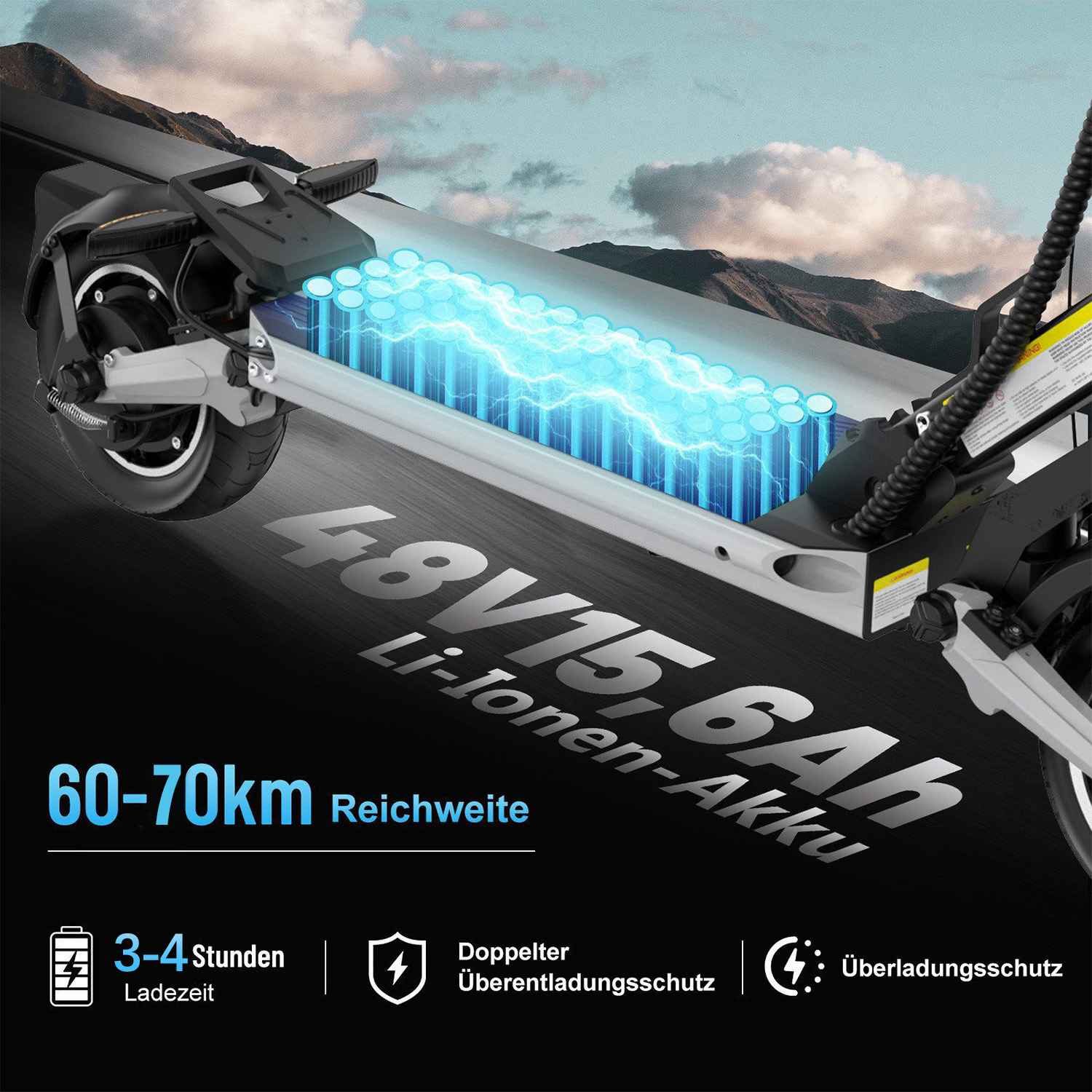Gros plan d'une batterie de trottinette électrique, 48V 15,6Ah, 60-70km.
