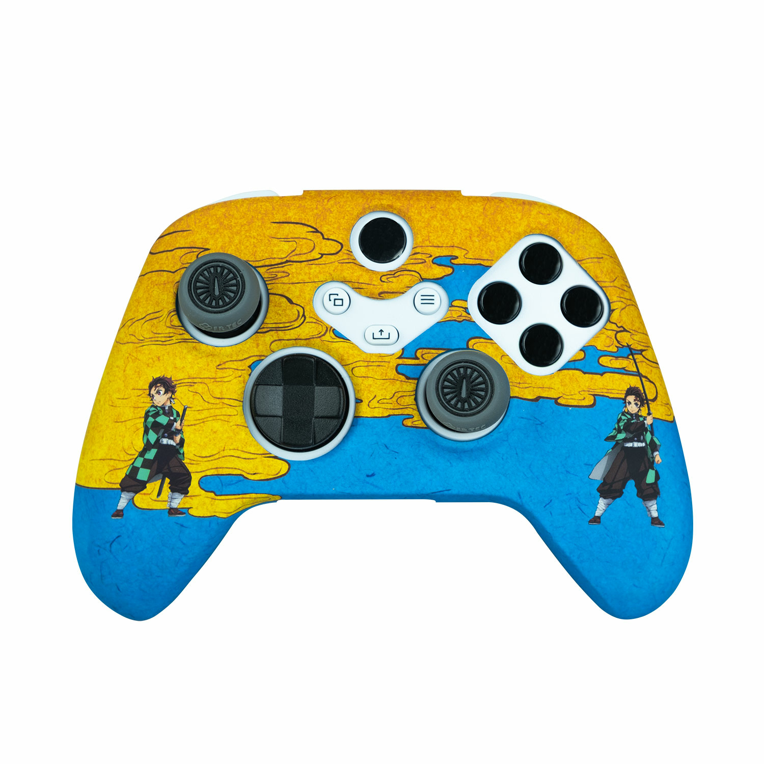 Un controller con personaggi anime, cielo giallo e base blu.