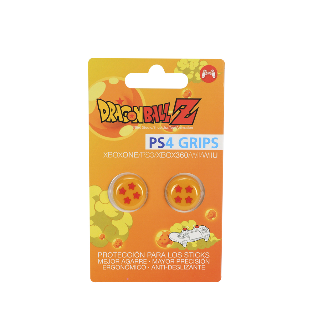 Puños PS4 Dragon Ball Z con 4 esferas del dragón sobre embalaje naranja.