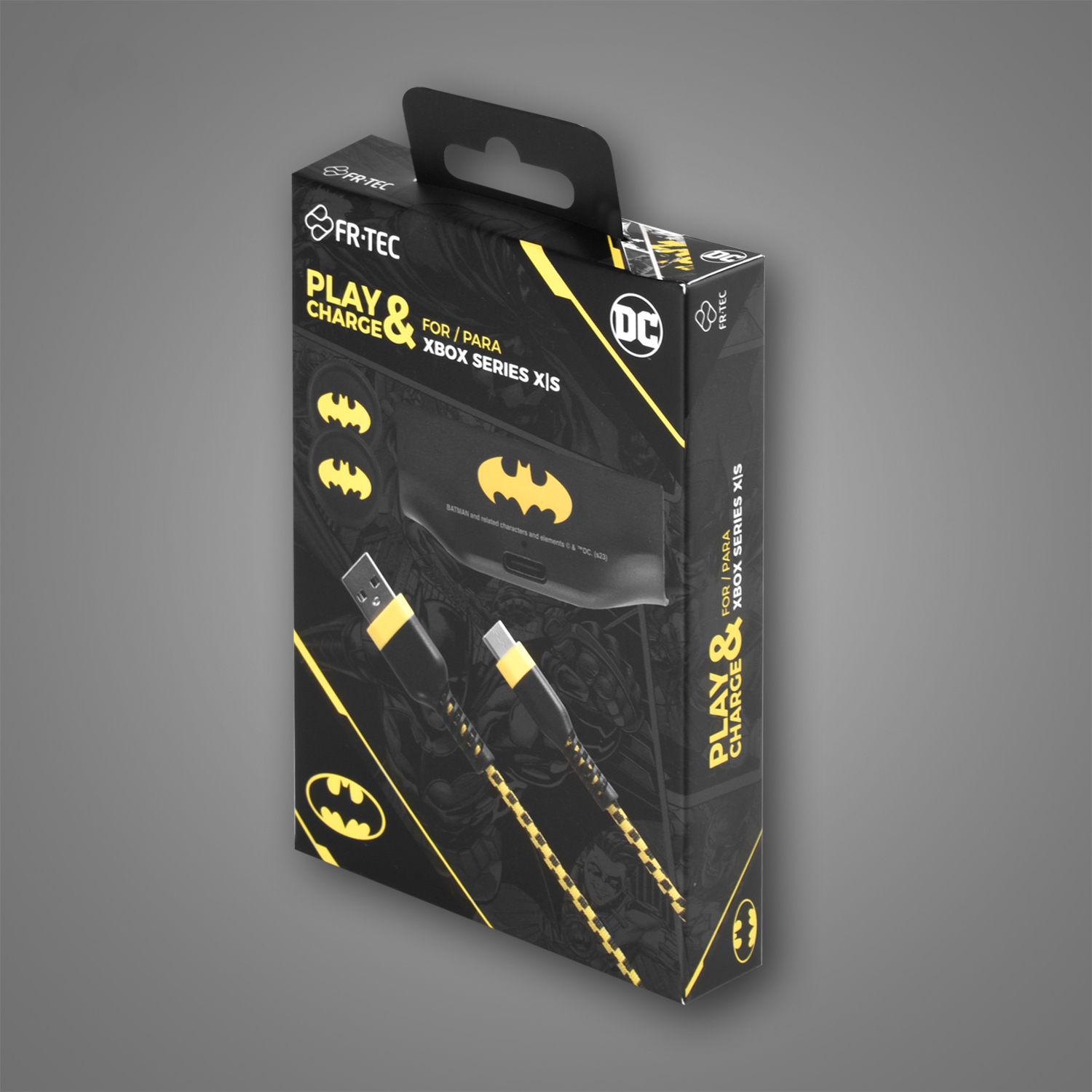 Embalaje de accesorio de carga y cable para Xbox Series X/S con temática de Batman.