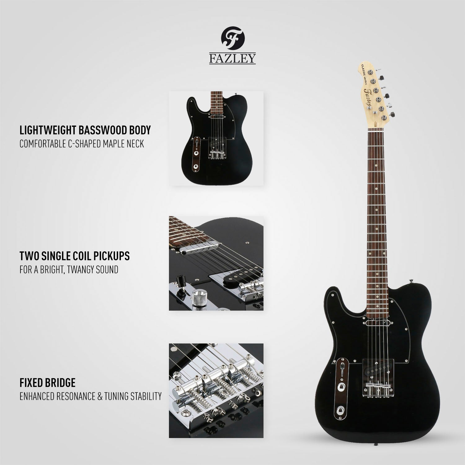 Zwarte elektrische gitaar met Fazley-logo, met details van body, elementen en brug.