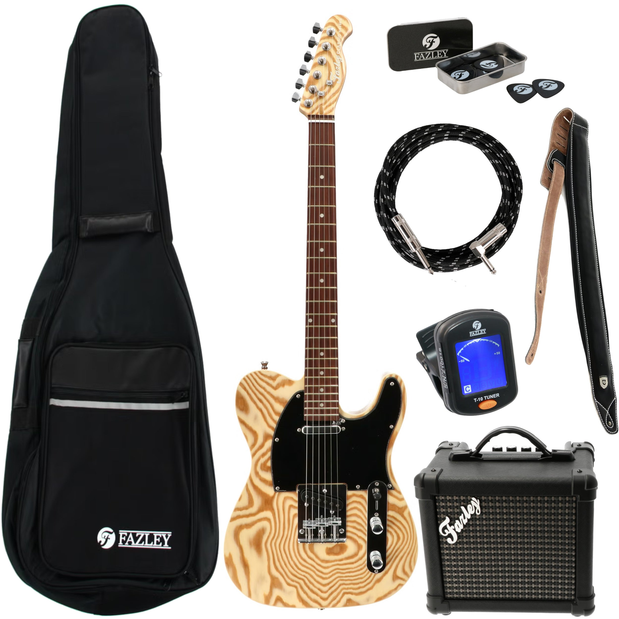 Een Fazley elektrische gitaar set met gitaar, tas, versterker, kabel, riem, plectrums en tuner.