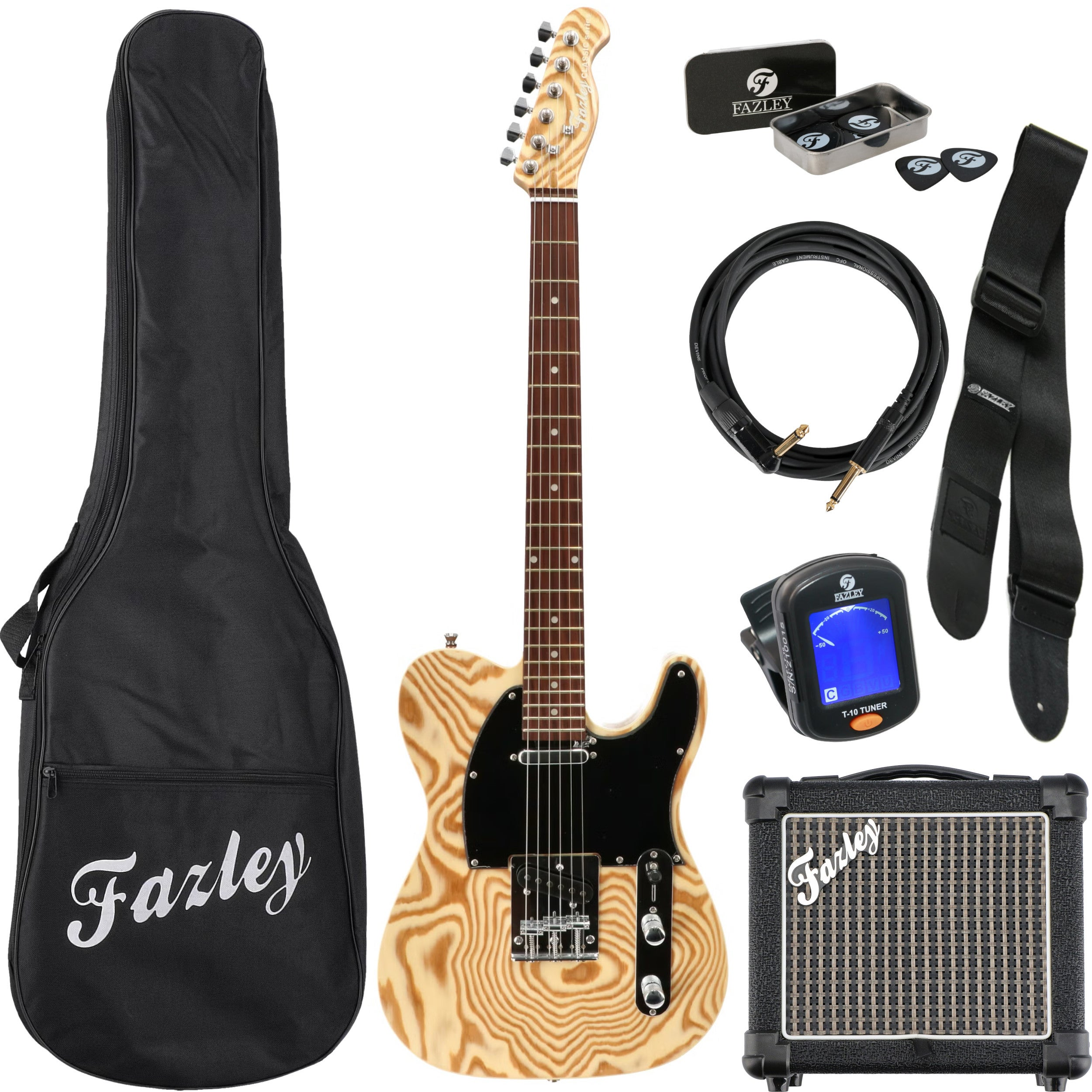Een Fazley elektrische gitaar set met gitaar, versterker, koffer, kabel, riem en tuner.