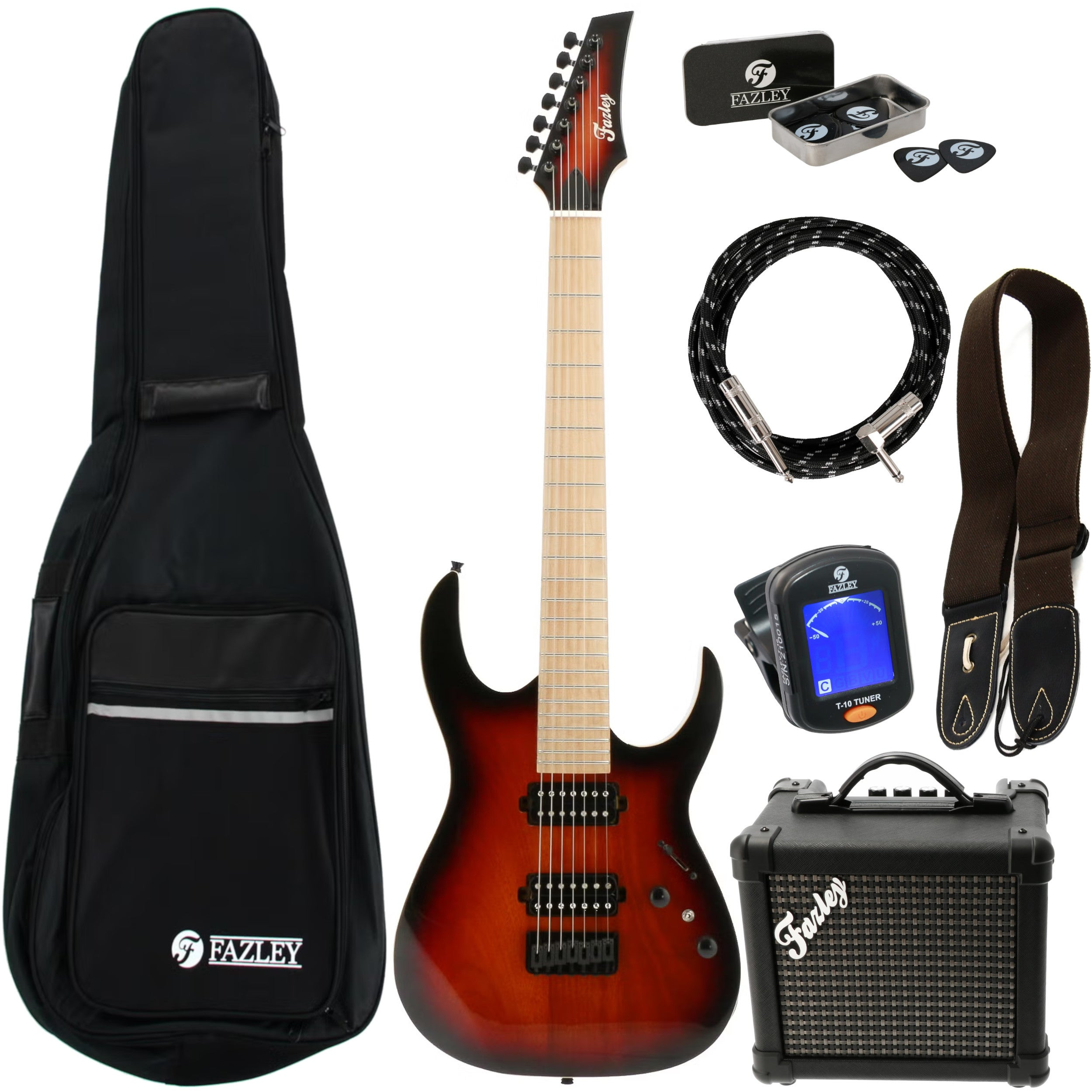Elektrische gitaar met accessoires: tas, kabel, band, tuner, versterker, plectrums.