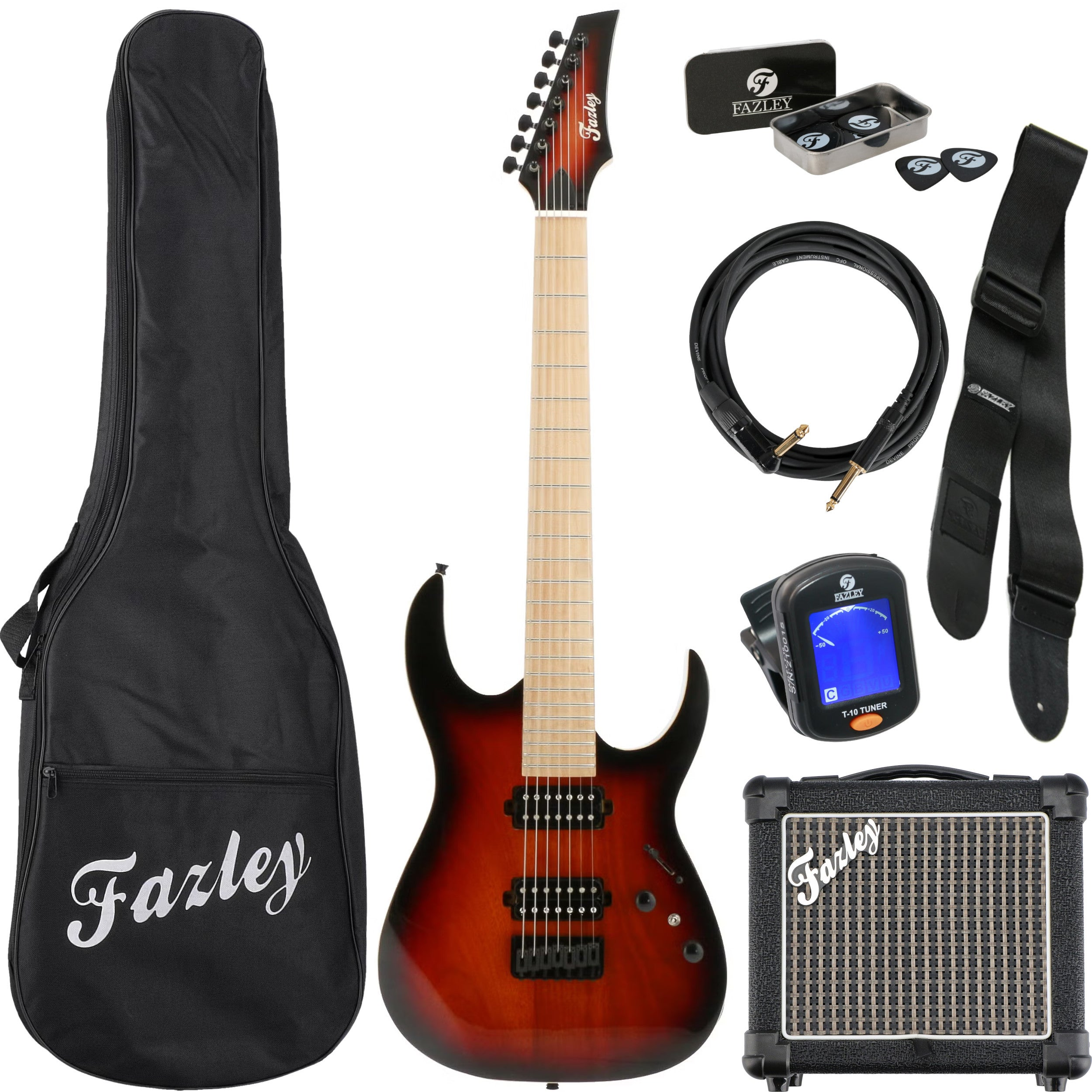 Een Fazley elektrische gitaar set met gitaar, tas, versterker, kabel, tuner, plectrums.
