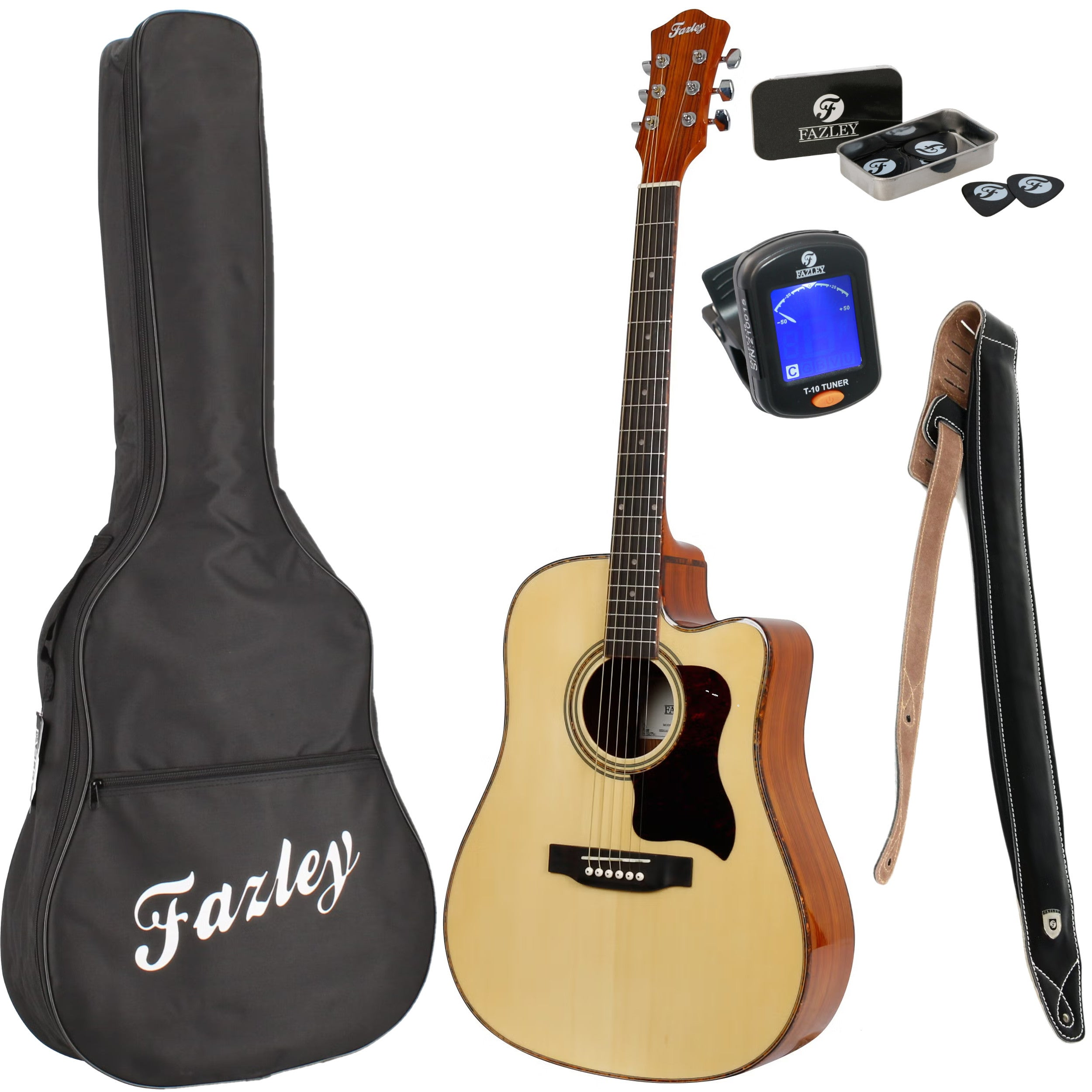 Acoustic guitar with a black bag, strap, picks, and tuner. Light wood color.