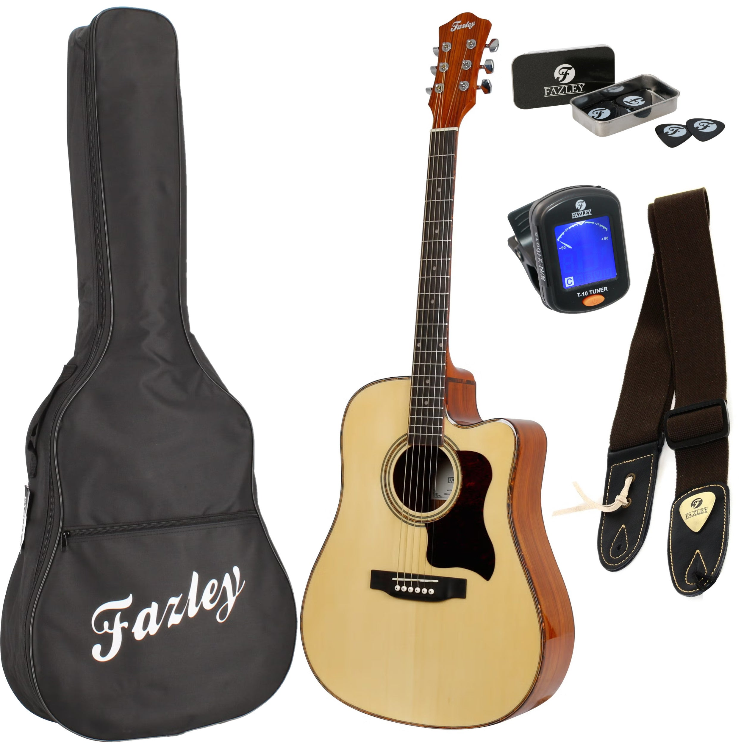 Acoustic guitar with bag, strap, tuner, and picks.