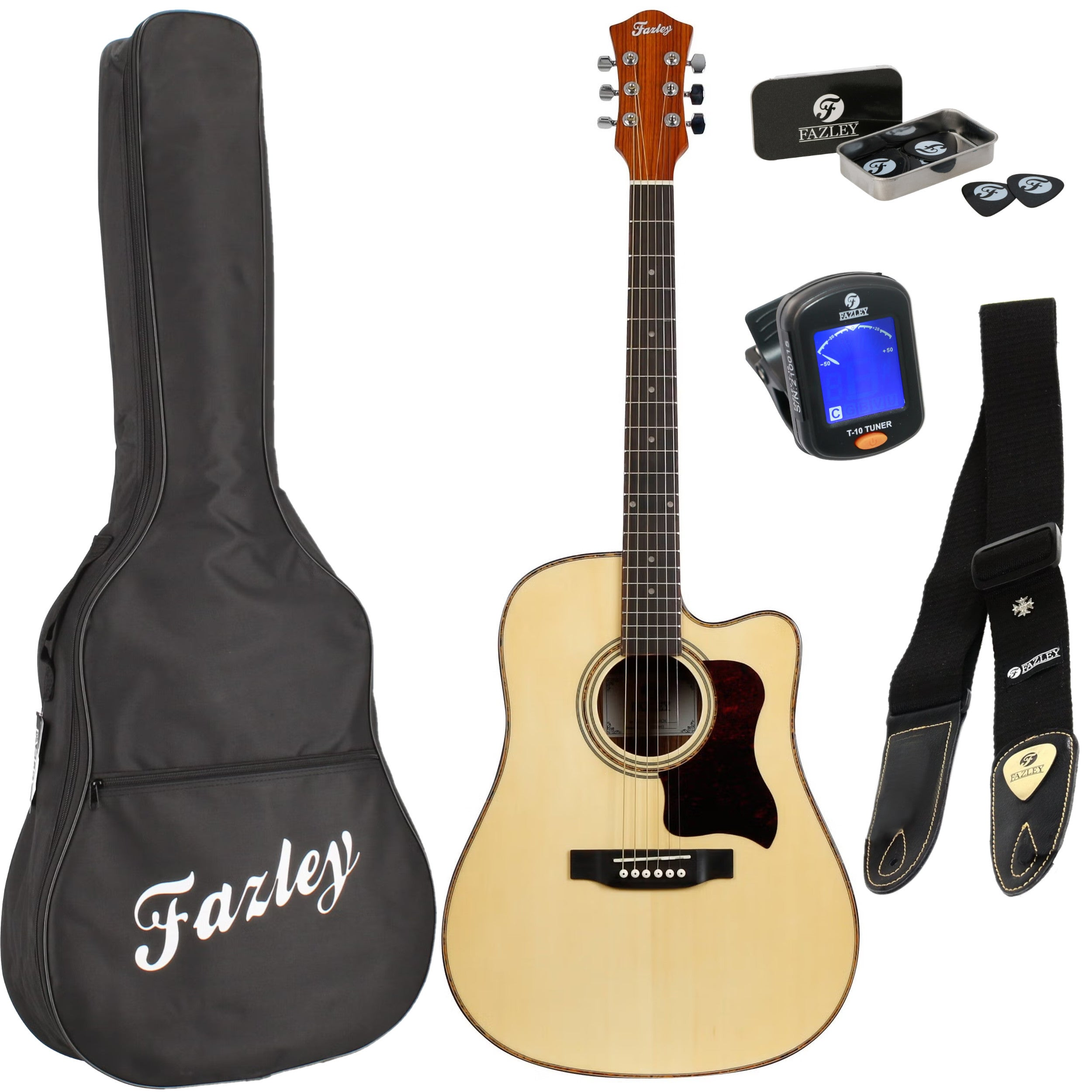Acoustic guitar with accessories: case, tuner, picks, and strap.