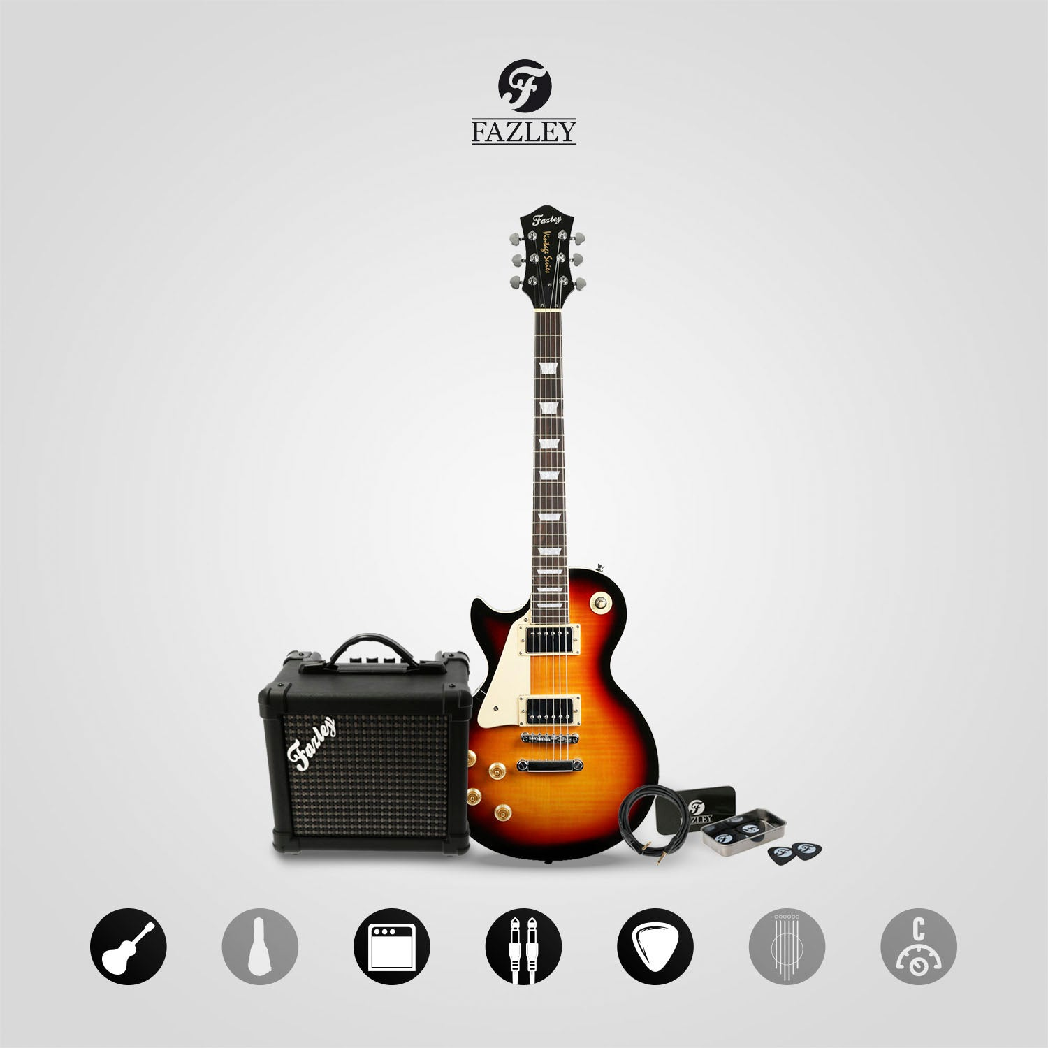 Elektrische gitaar met versterker, kabel, plectrums en logo.