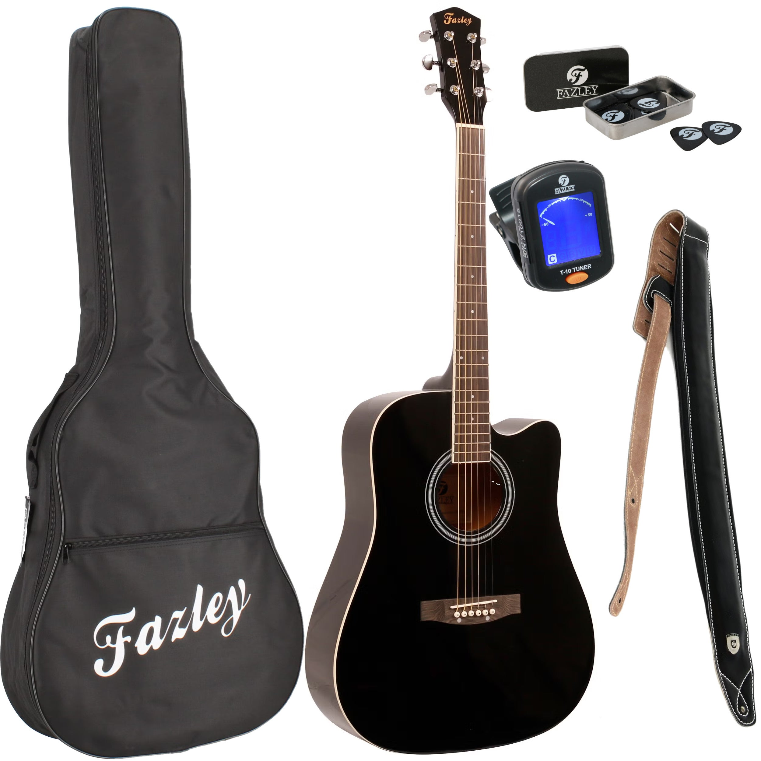 Black acoustic guitar with accessories: bag, picks, strap, and tuner.