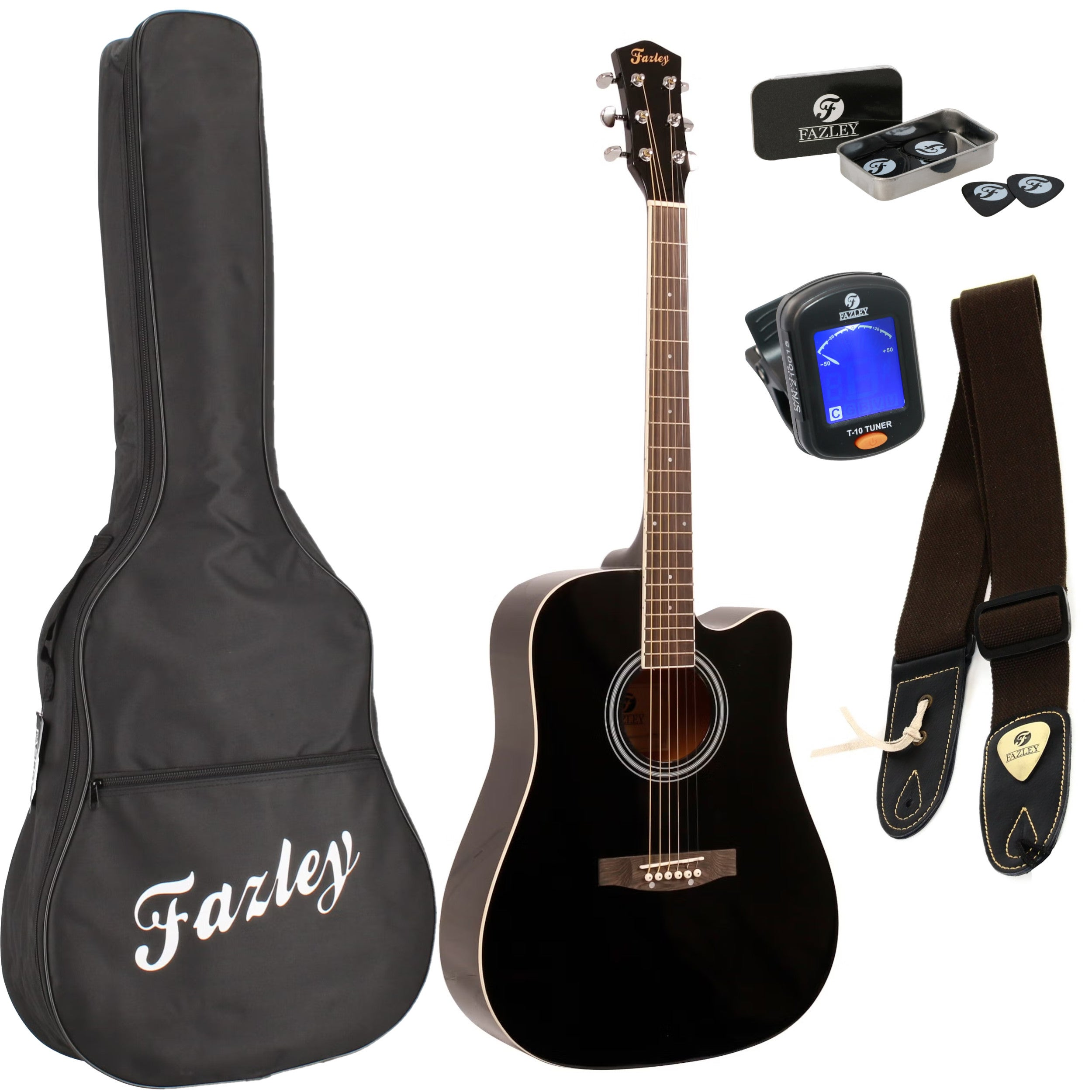 Black guitar with accessories: bag, strap, picks, and tuner.
