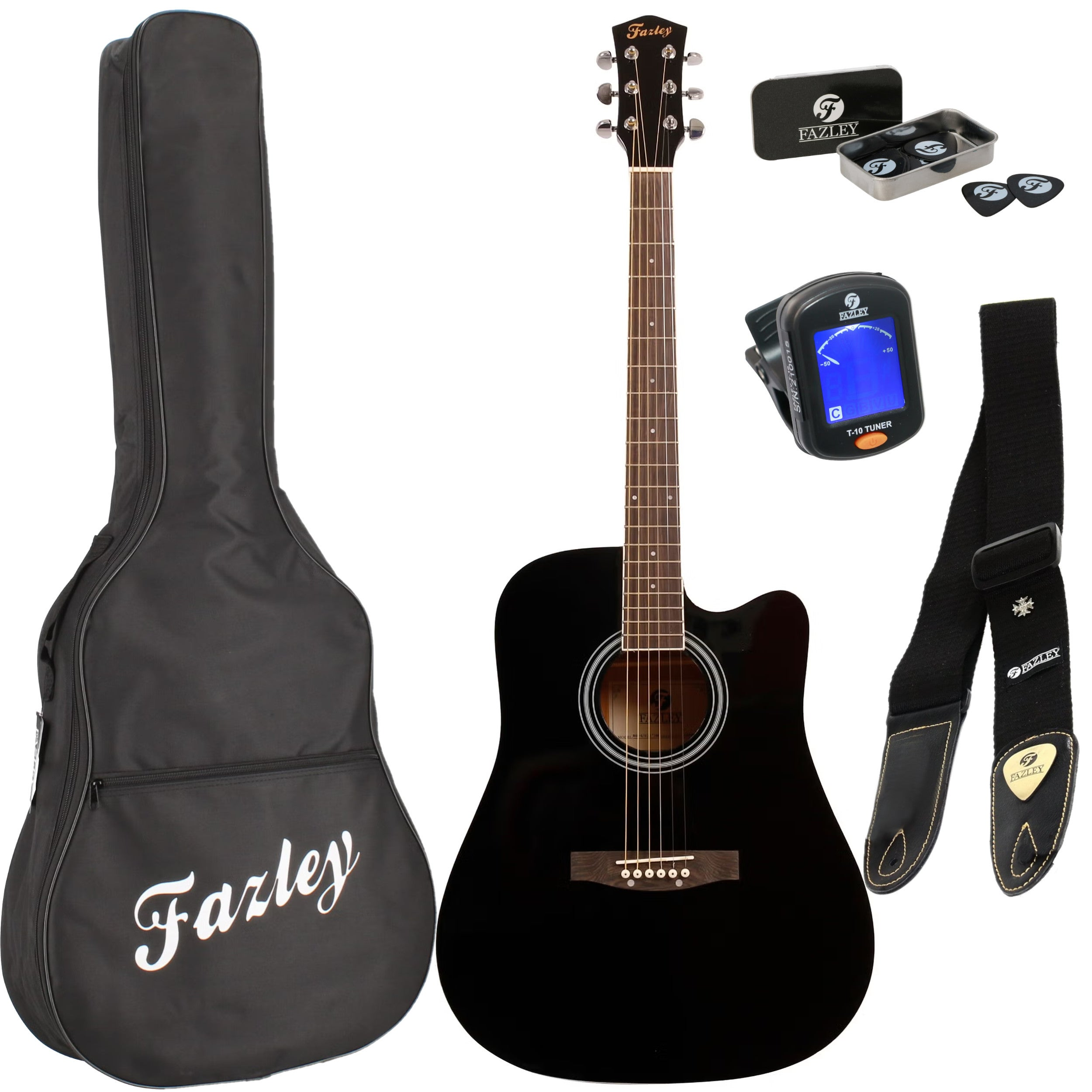 Black acoustic guitar with accessories: bag, strap, picks, tuner.