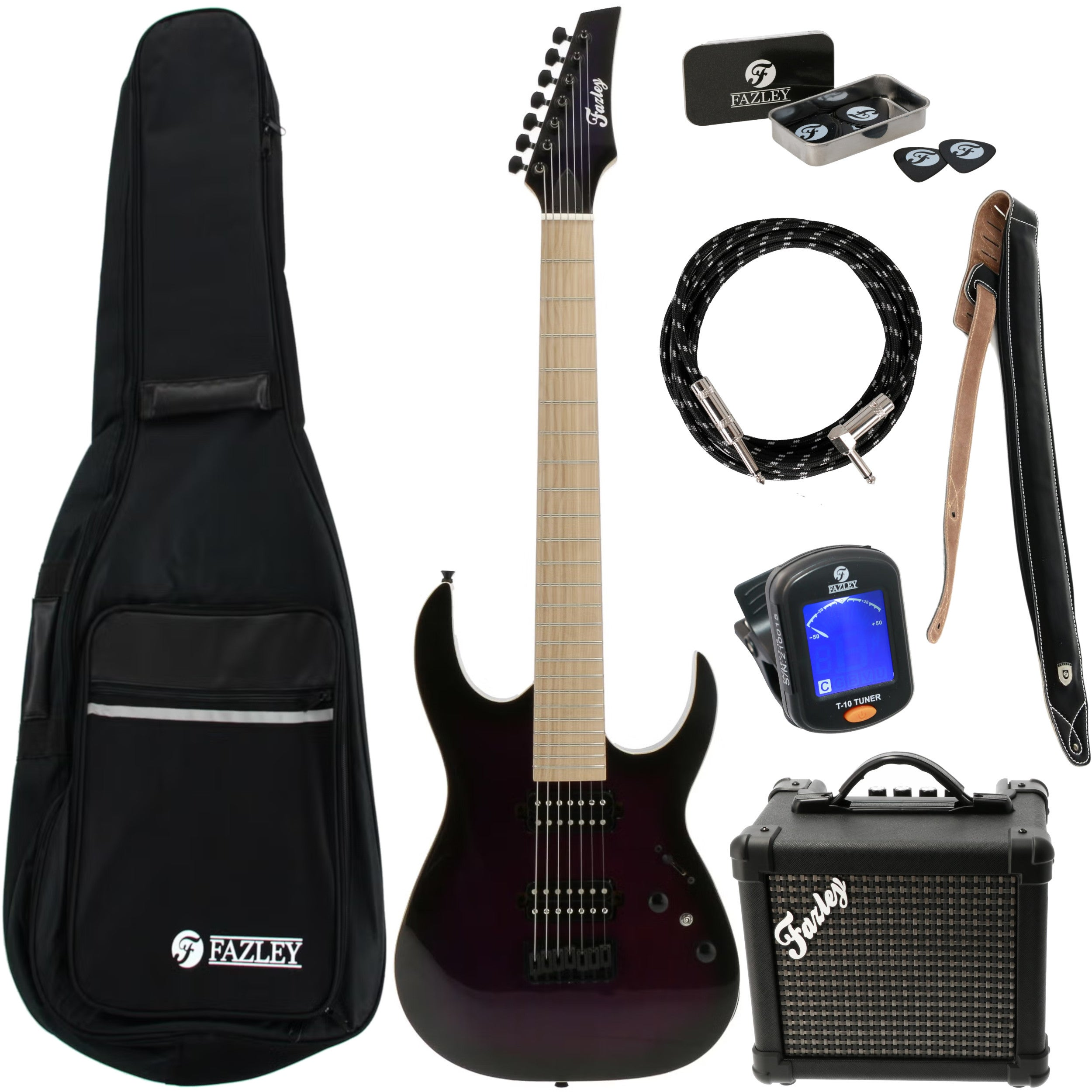 Een donkere elektrische gitaar set met versterker, tas, kabel, riem en tuner.