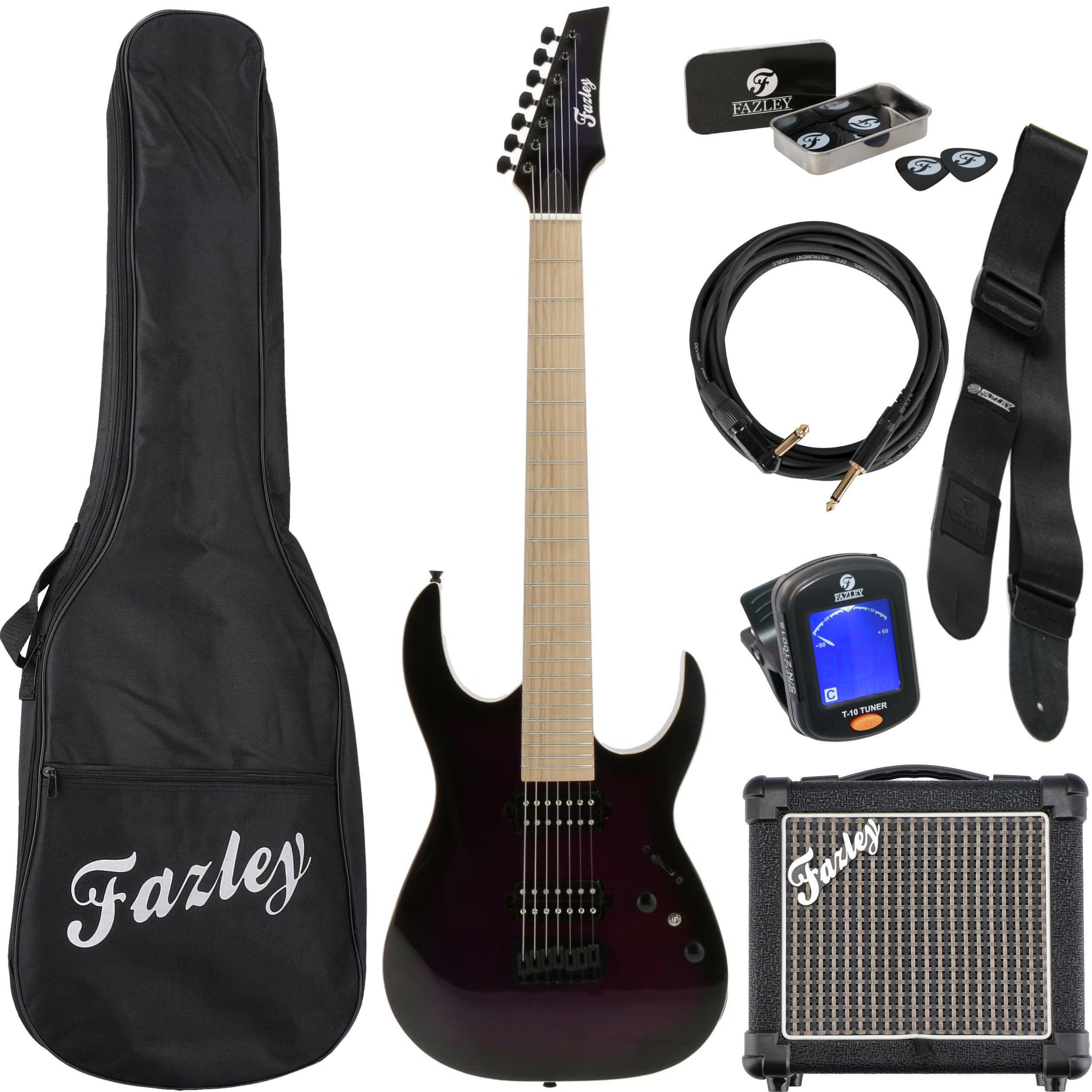 Zwarte gitaartas, elektrische gitaar, versterker, kabel, tuner en plectrums.
