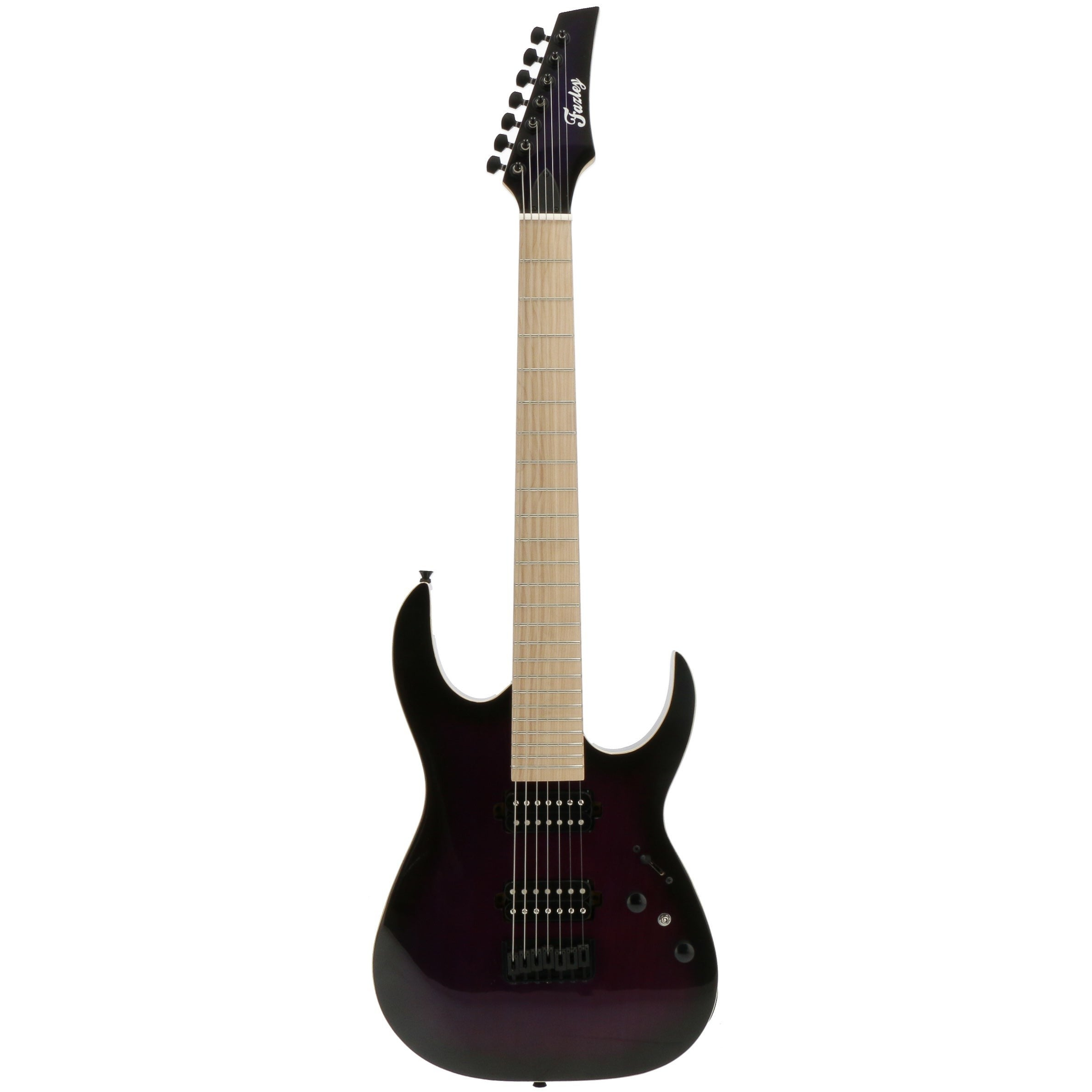 Donkerpaarse 7-snarige elektrische gitaar met lichte toets en zwarte hardware.