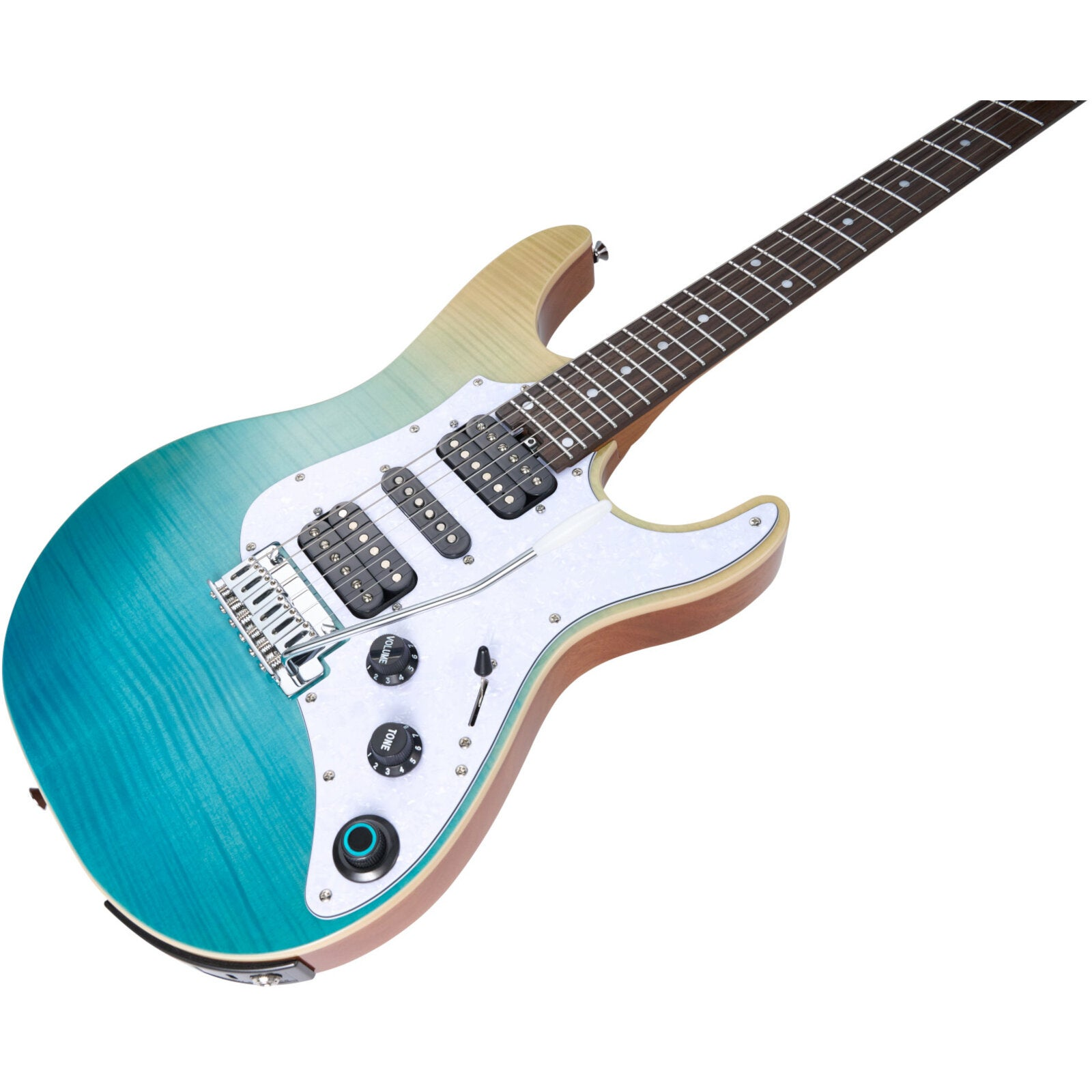 Mavi-yeşilden beje doğru degrade renkli gövdeye, beyaz pickguard'a, krom donanıma ve koyu klavyeye sahip elektro gitar.