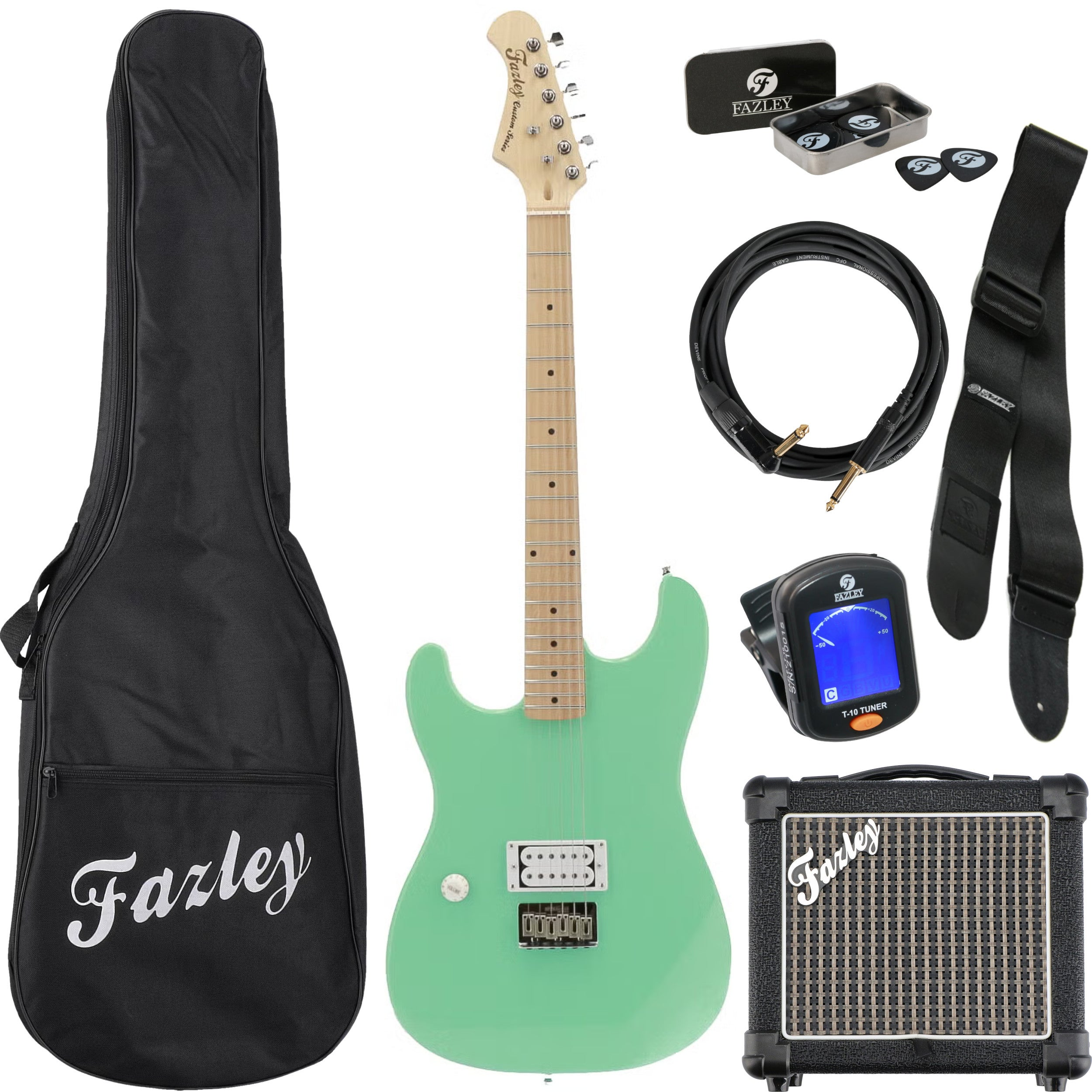 Een groene elektrische gitaar set met tas, versterker, kabel, tuner en plectrums.