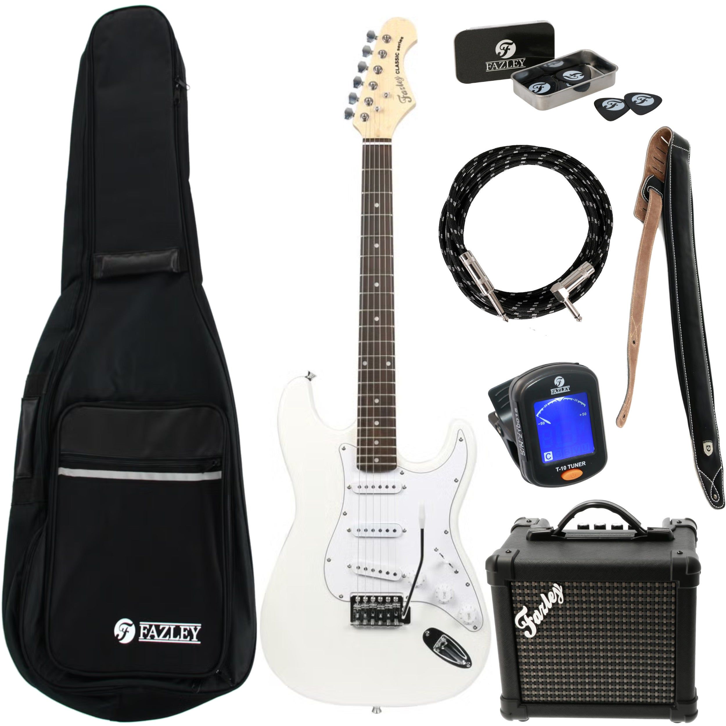 Een witte elektrische gitaar set met tas, versterker, kabel, riem, plectrums en tuner.